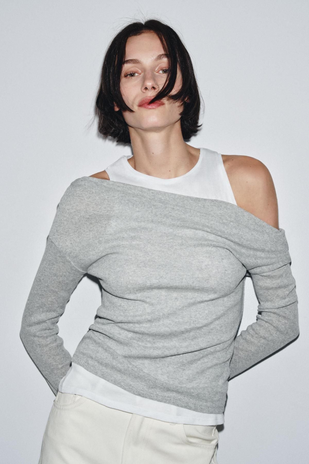 자라 비대칭 레이어드 테크니컬 긴팔 티셔츠 5644/898 GREY MARL - 상세 이미지 3