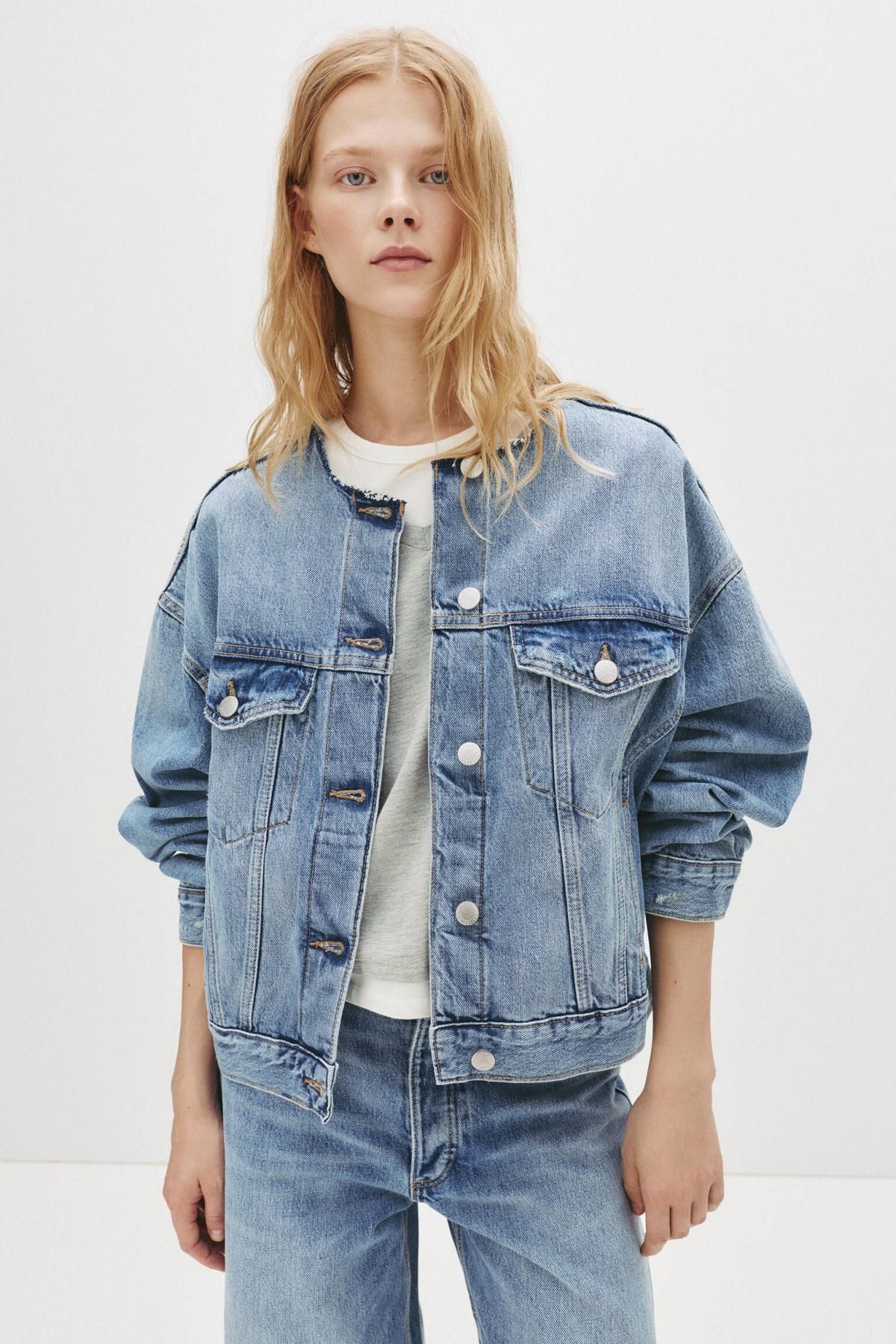 풀앤베어 트렌디 노카라 데님 트러커 재킷 7700/307 MEDIUM BLUE - 상세 이미지 3