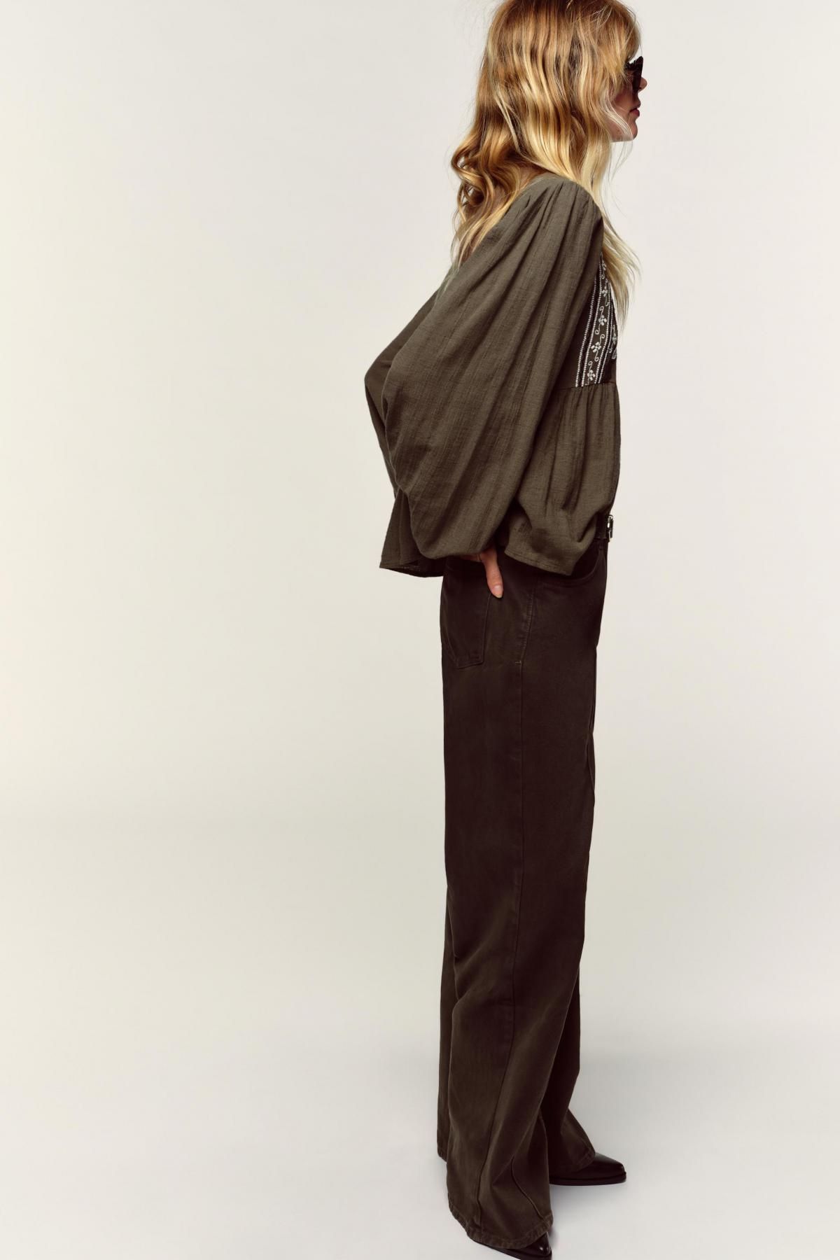 자라 보헤미안 자수 라운드넥 루즈핏 블라우스 5770/244 DARK KHAKI - 상세 이미지 5
