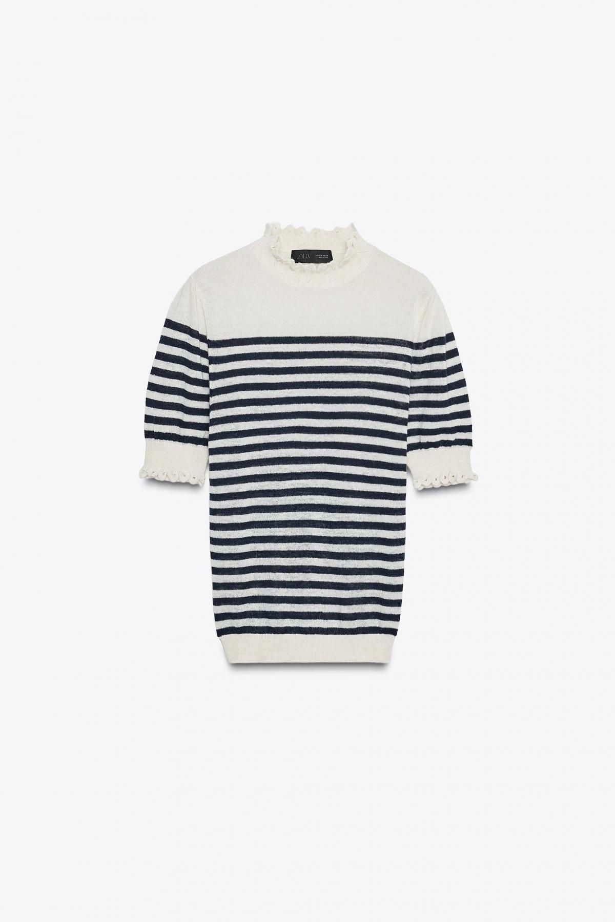 자라 프릴 라운드넥 스트라이프 반팔 니트 탑 9598/198 STRIPES - 상품 이미지