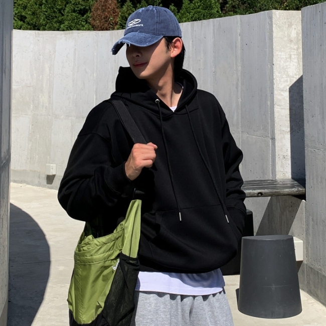 남자 뇨데 오버핏 봄 가을 2타입 이중지합포 무지 맨투맨 후드티 - 상세 이미지 3