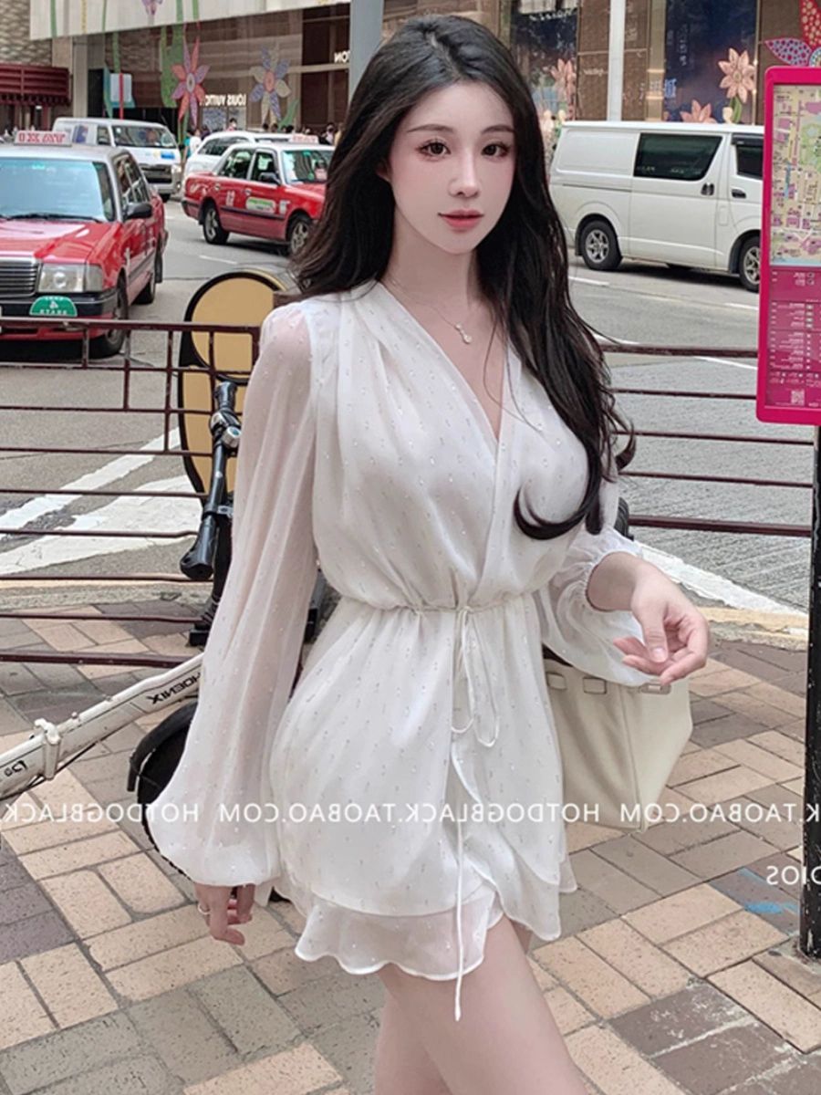 V넥 미니 쉬폰 긴팔원피스 플라워 꽃무늬 퍼프 캉캉 파티룩 휴양지 플레어 브이넥 하객룩 드림화이트문라이트 S - 상세 이미지 2