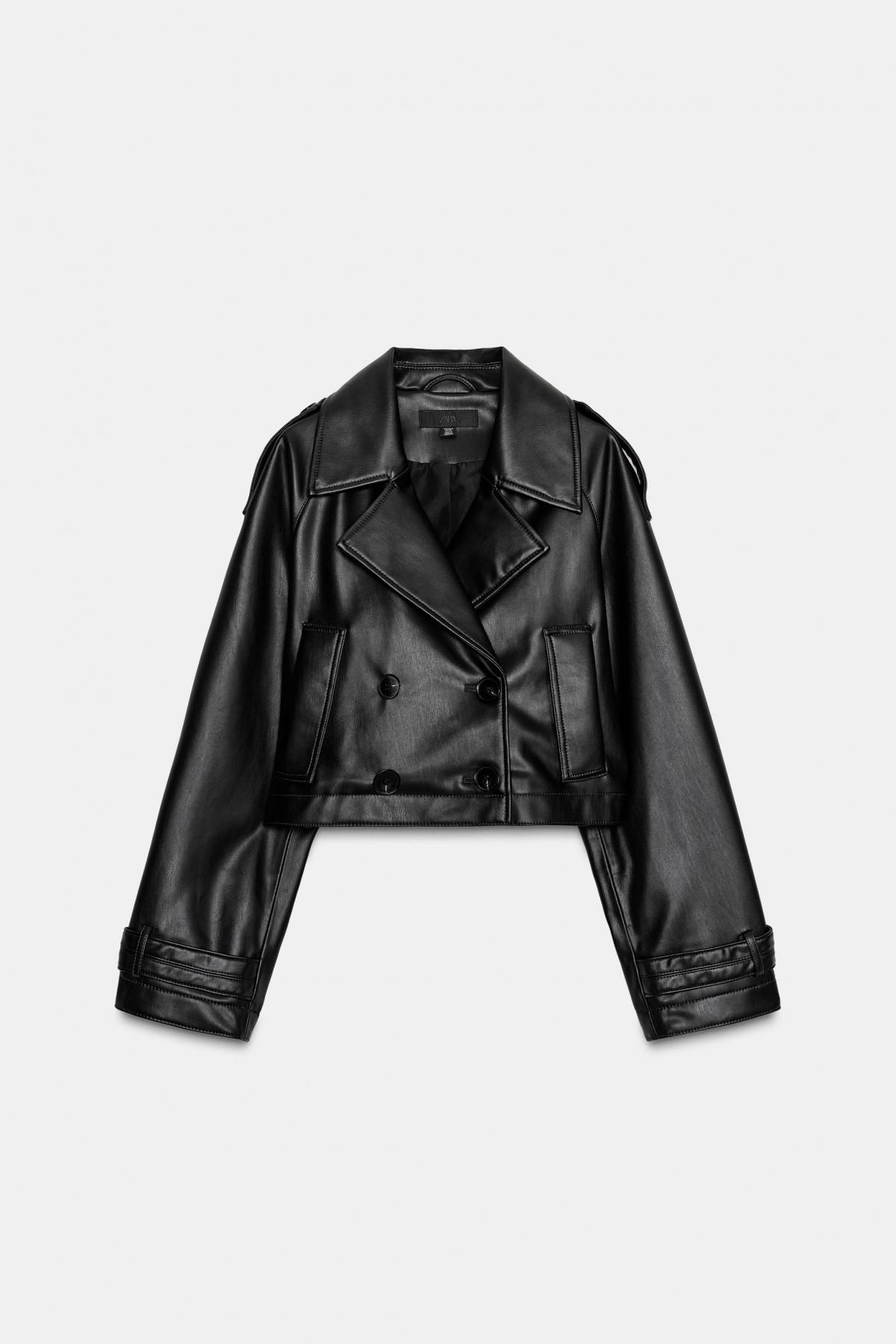 자라 페이크 레더 블랙 더블버튼 크롭 트렌치코트 3046/283 BLACK - 메인 이미지