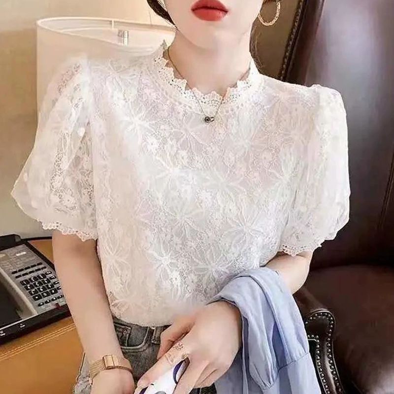 레이스 블라우스 벌룬 노카라 여성용 카디건 시스루 반팔 퍼프 스킨형 핀턱 프릴넥 화이트 M - 상세 이미지 5