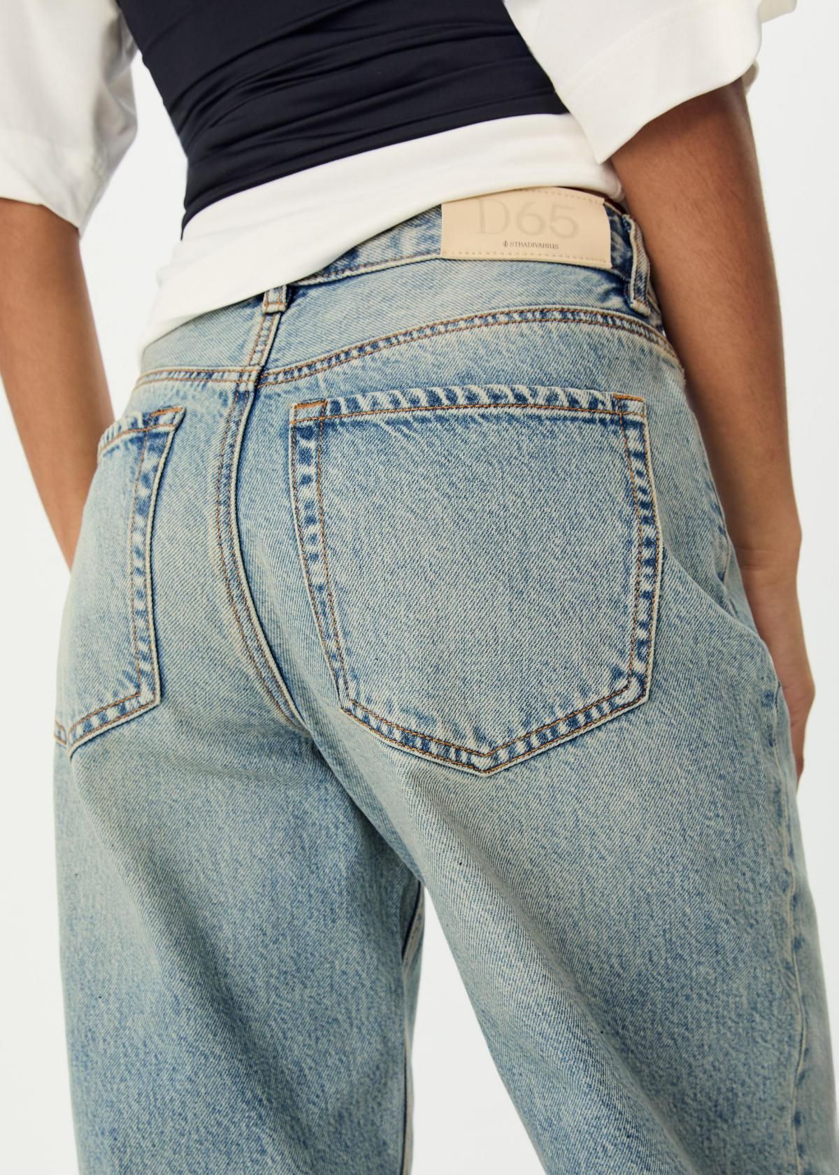 스트라디바리우스 트렌디 와이드 스트레이트 데님 턴업 청바지 4865/915 MEDIUM BLUE DENIM - 상세 이미지 5