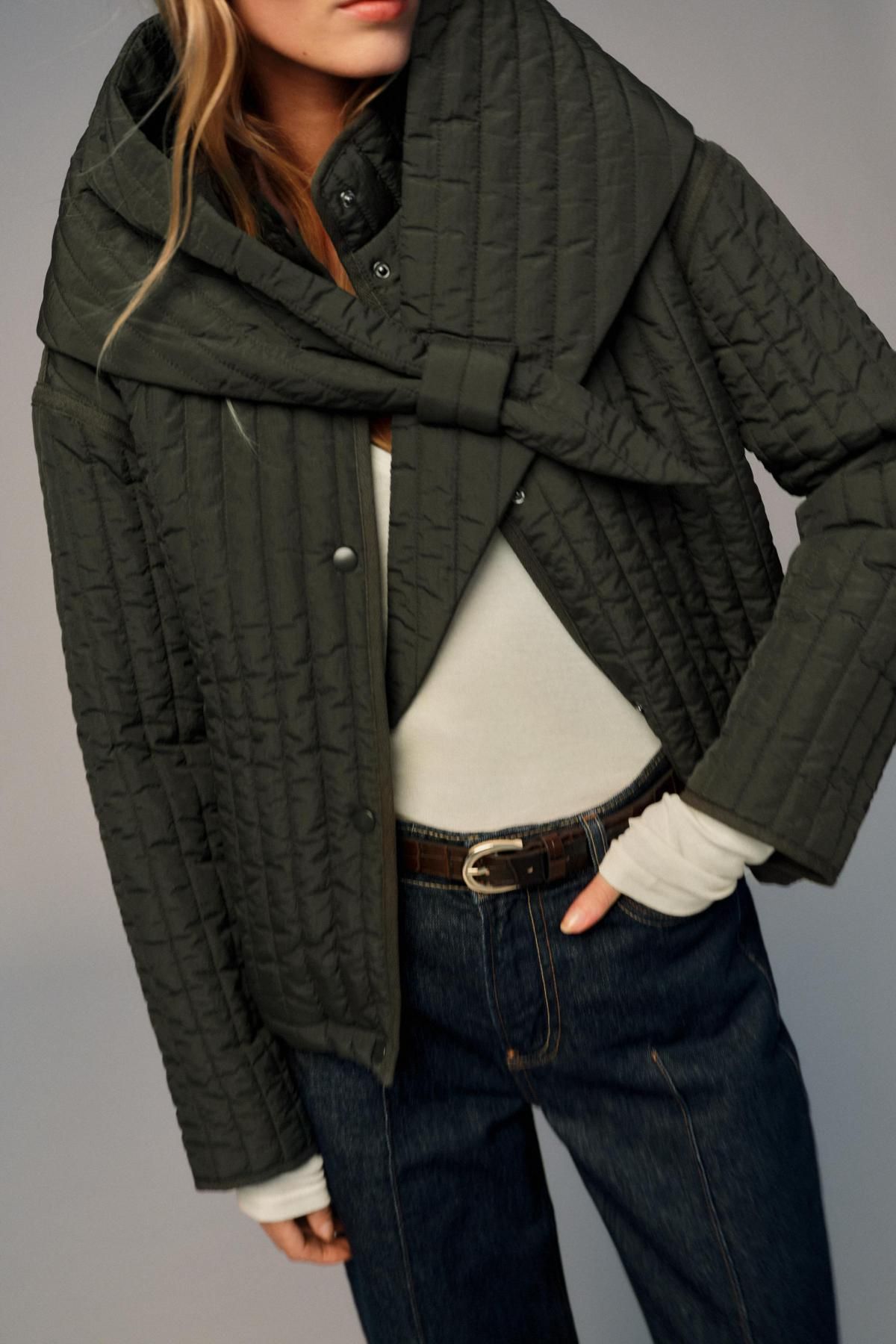 자라 오버핏 탈착식 스카프 하이넥 퀼팅 자켓 8372/278 DARK KHAKI - 상세 이미지 4
