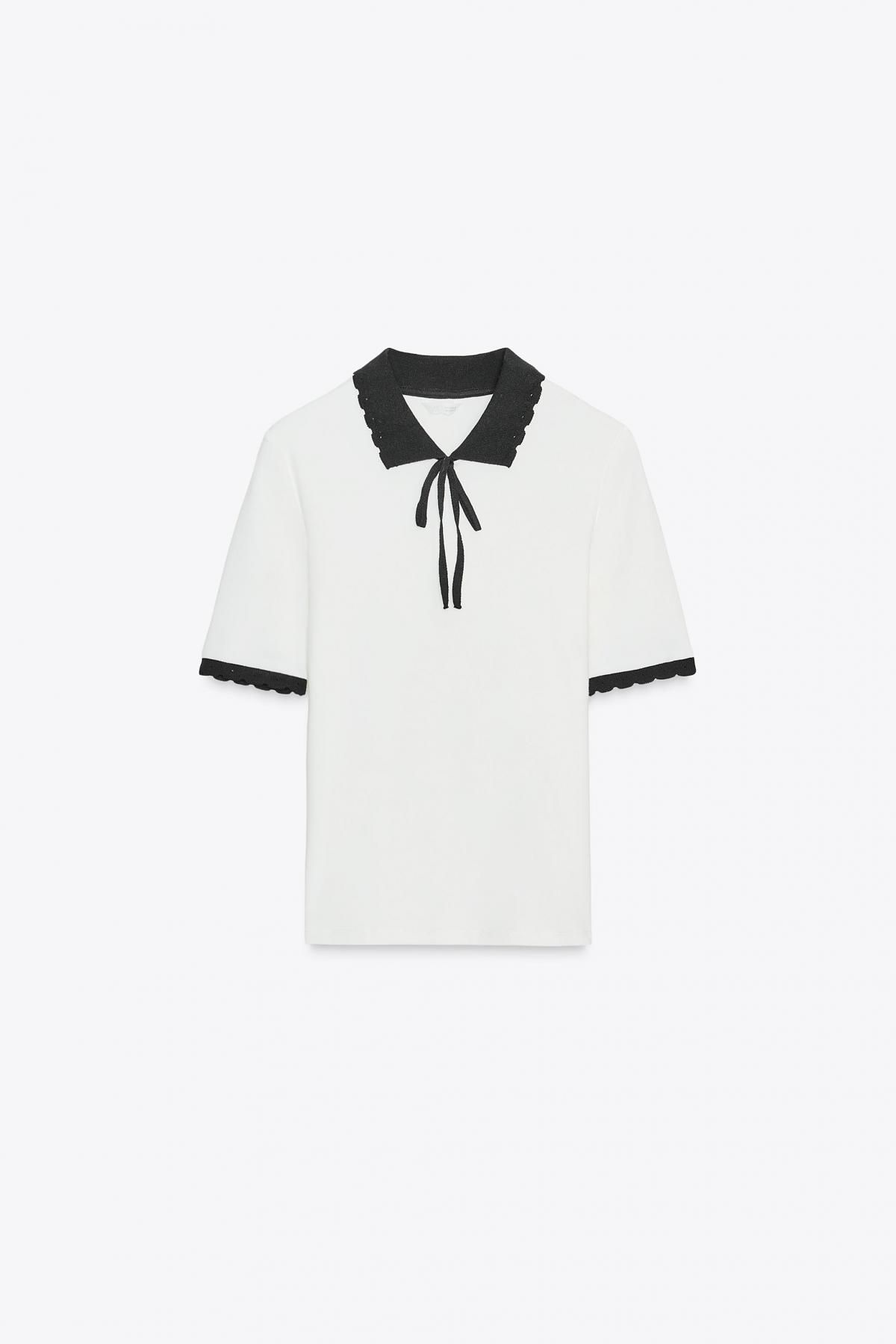 자라 배색카라 리본 반팔 티셔츠 5644/923 WHITE - 메인 이미지