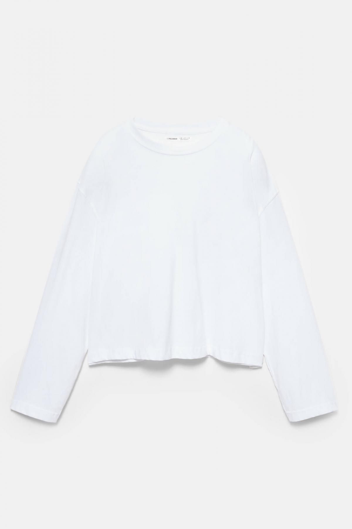 풀앤베어 화이트 박시핏 크롭 긴팔 라운드넥 티셔츠 7152/303 WHITE - 상품 이미지