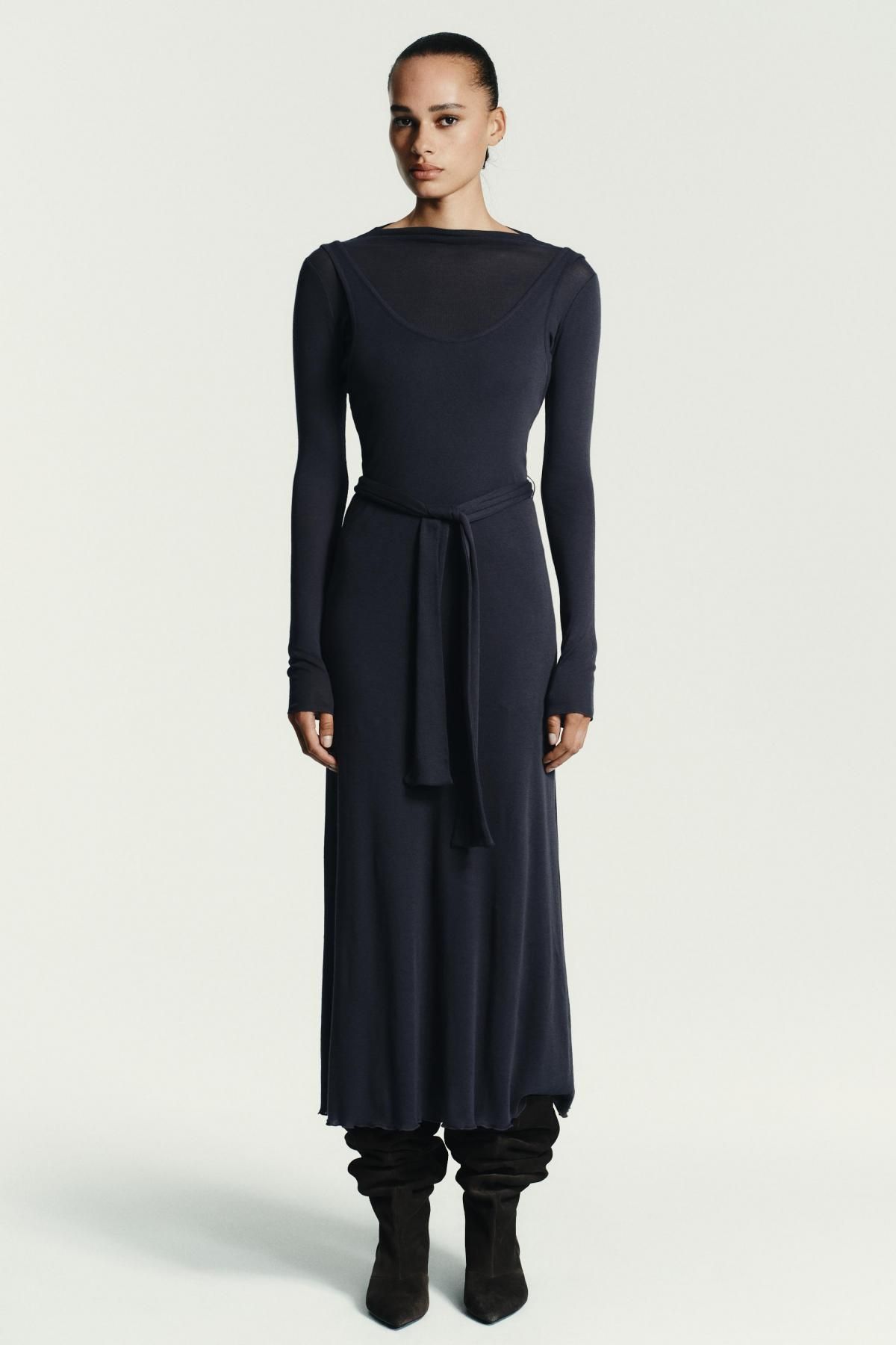 자라 코튼 하이넥 레이어드 벨트 롱 원피스 0085/838 CHARCOAL GREY - 상세 이미지 2