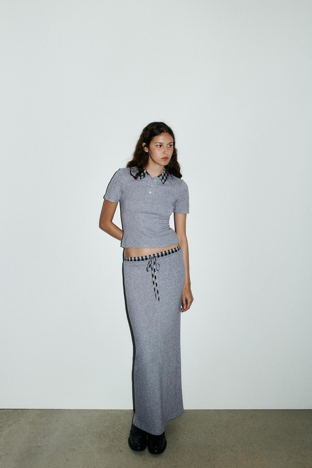 자라 체크 배색 카라 테크니컬 반팔 폴로 탑 5063/845 GREY - 상세 이미지 2