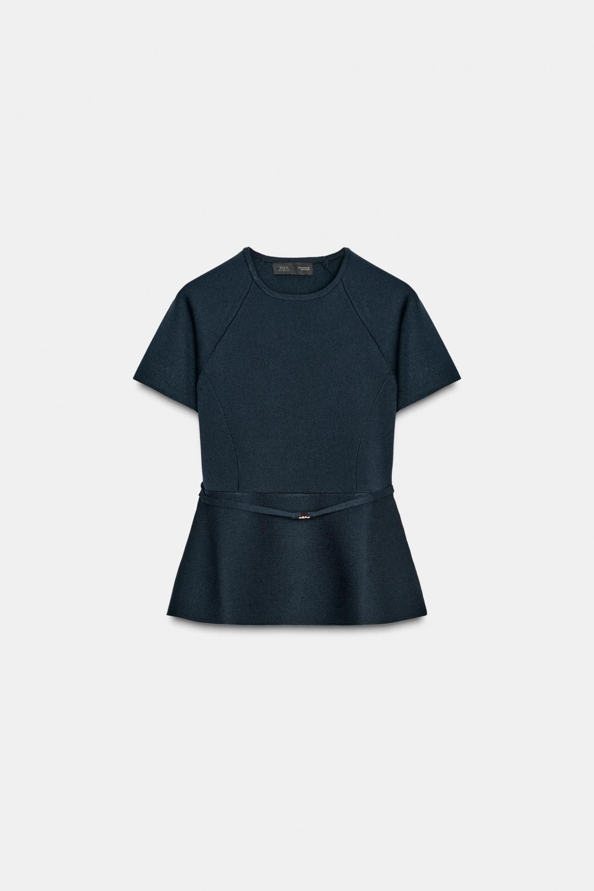 자라 페플럼 벨트 라운드넥 반팔 니트 탑 4192/141 NAVY BLUE - 상품 이미지
