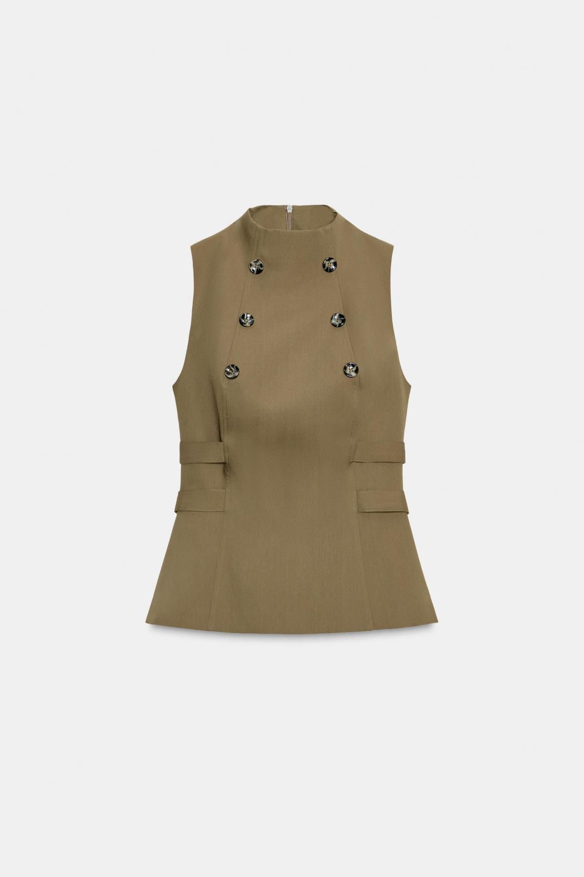 자라 테일러드 하이넥 버튼 더블 민소매 베스트 3067/146 KHAKI - 메인 이미지