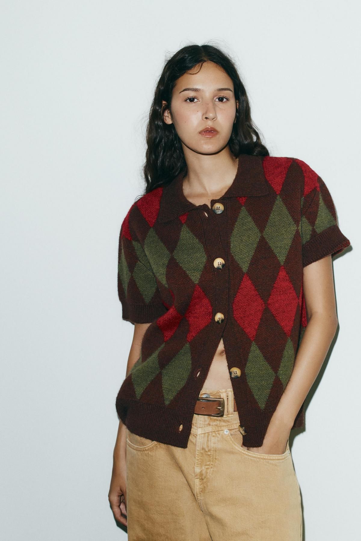 자라 아가일 패턴 브라운 반팔 니트 폴로 카디건 6427/122 MULTICOLOURED - 상세 이미지 3