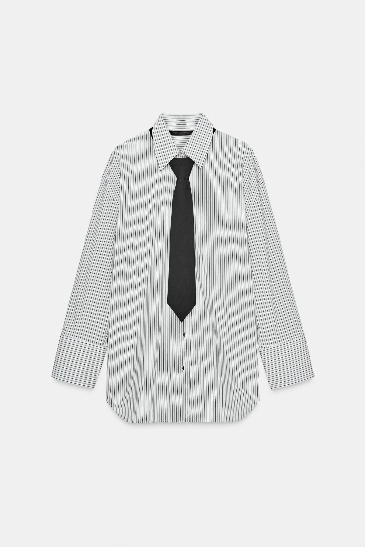자라 오버핏 스트라이프 타이 포플린 셔츠 8876/251 BLACK / WHITE - 상품 이미지