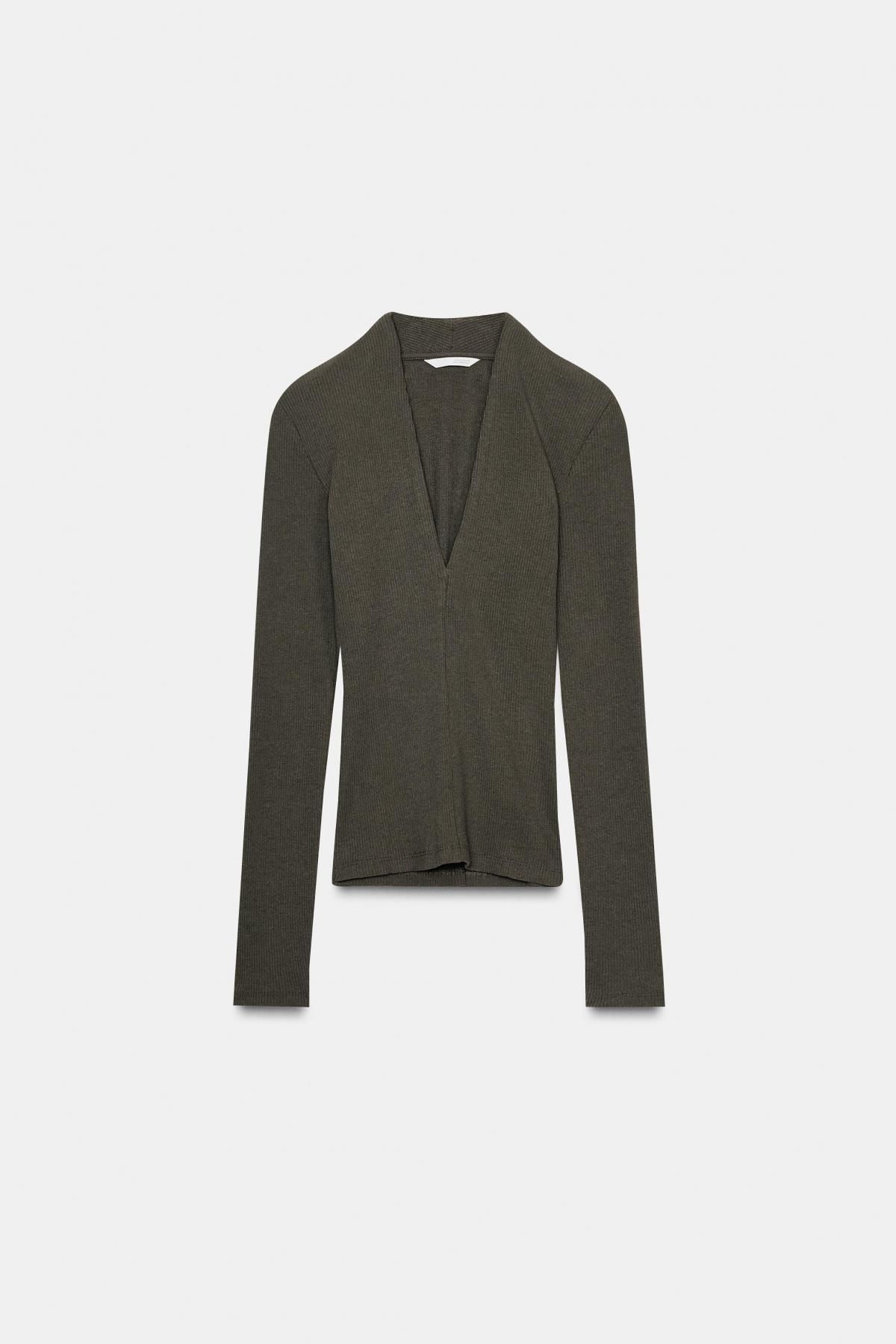 자라 슬림핏 브이넥 골지 긴팔 티셔츠 4174/585 DARK KHAKI - 메인 이미지