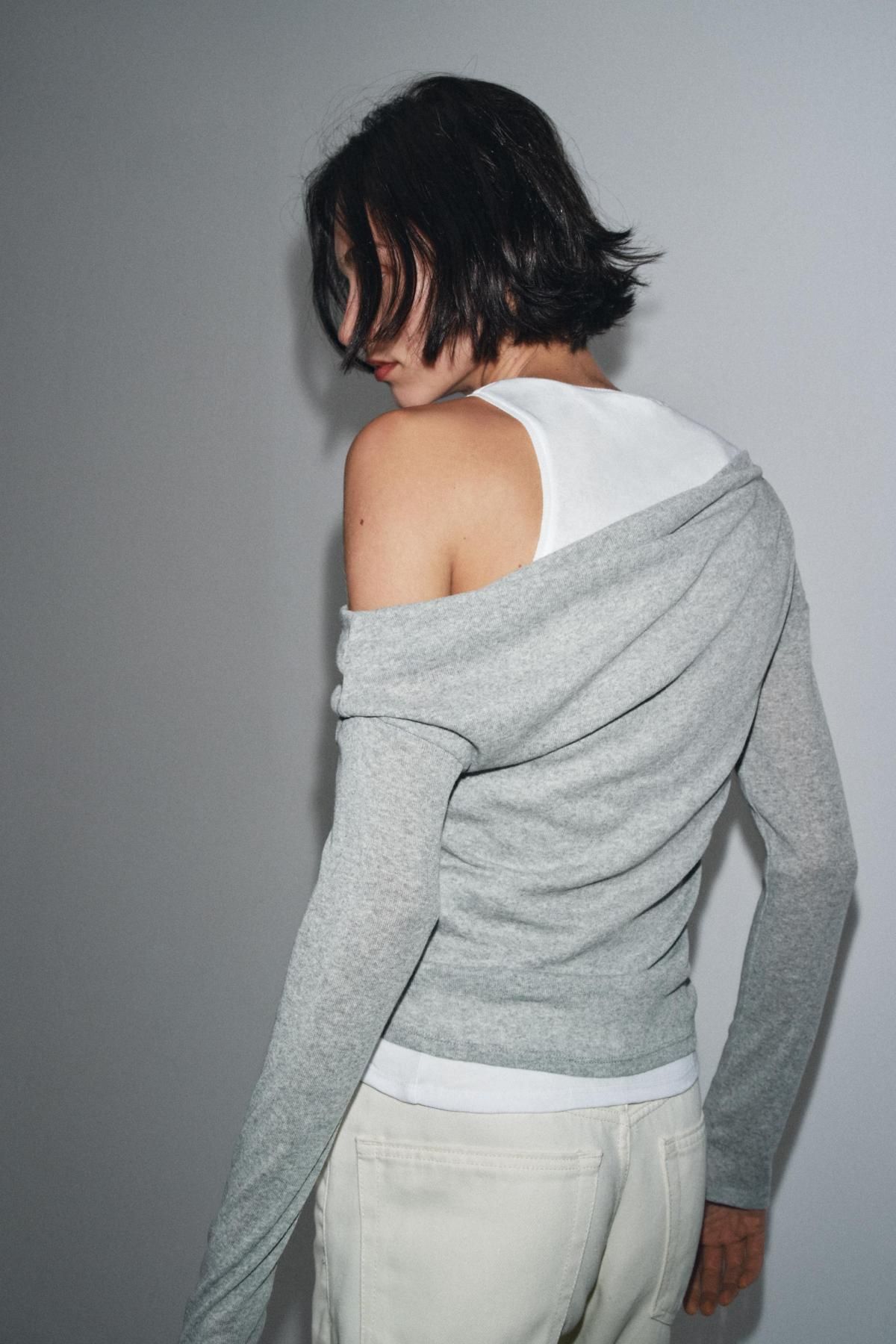 자라 비대칭 레이어드 테크니컬 긴팔 티셔츠 5644/898 GREY MARL - 상세 이미지 4