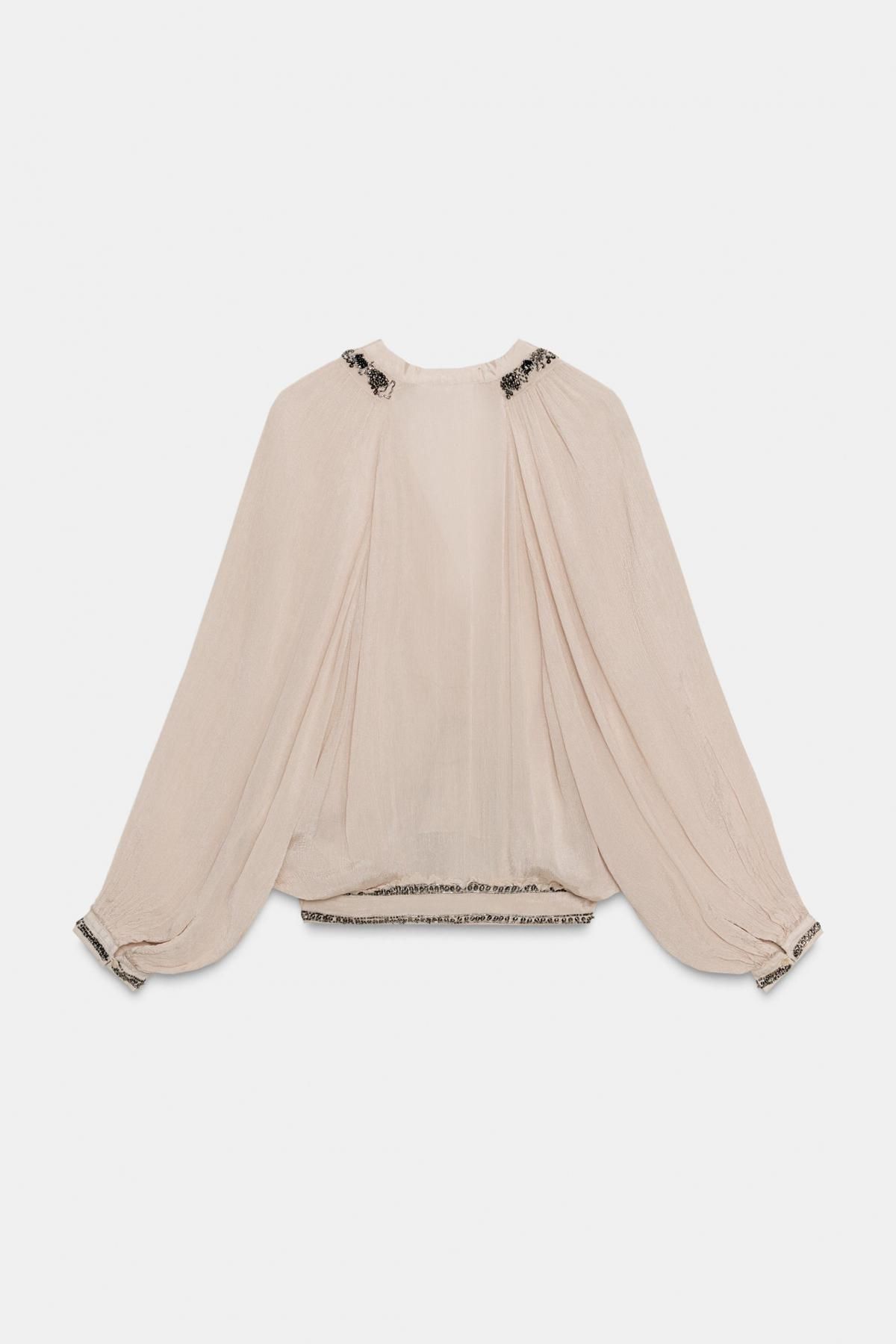 자라 럭셔리 비즈 장식 V넥 블라우스 7521/285 BEIGE-PINK - 상세 이미지 5