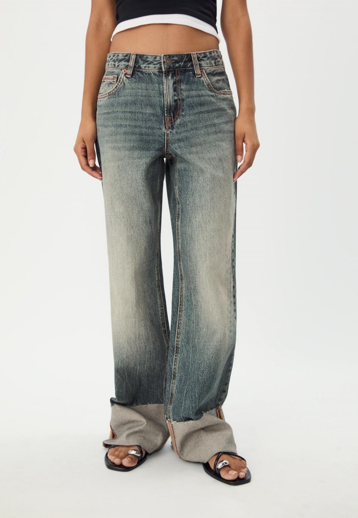 스트라디바리우스 트렌디 와이드핏 데님 스트레이트 턴업 진 4865/915 MEDIUM DENIM WASH - 상품 이미지