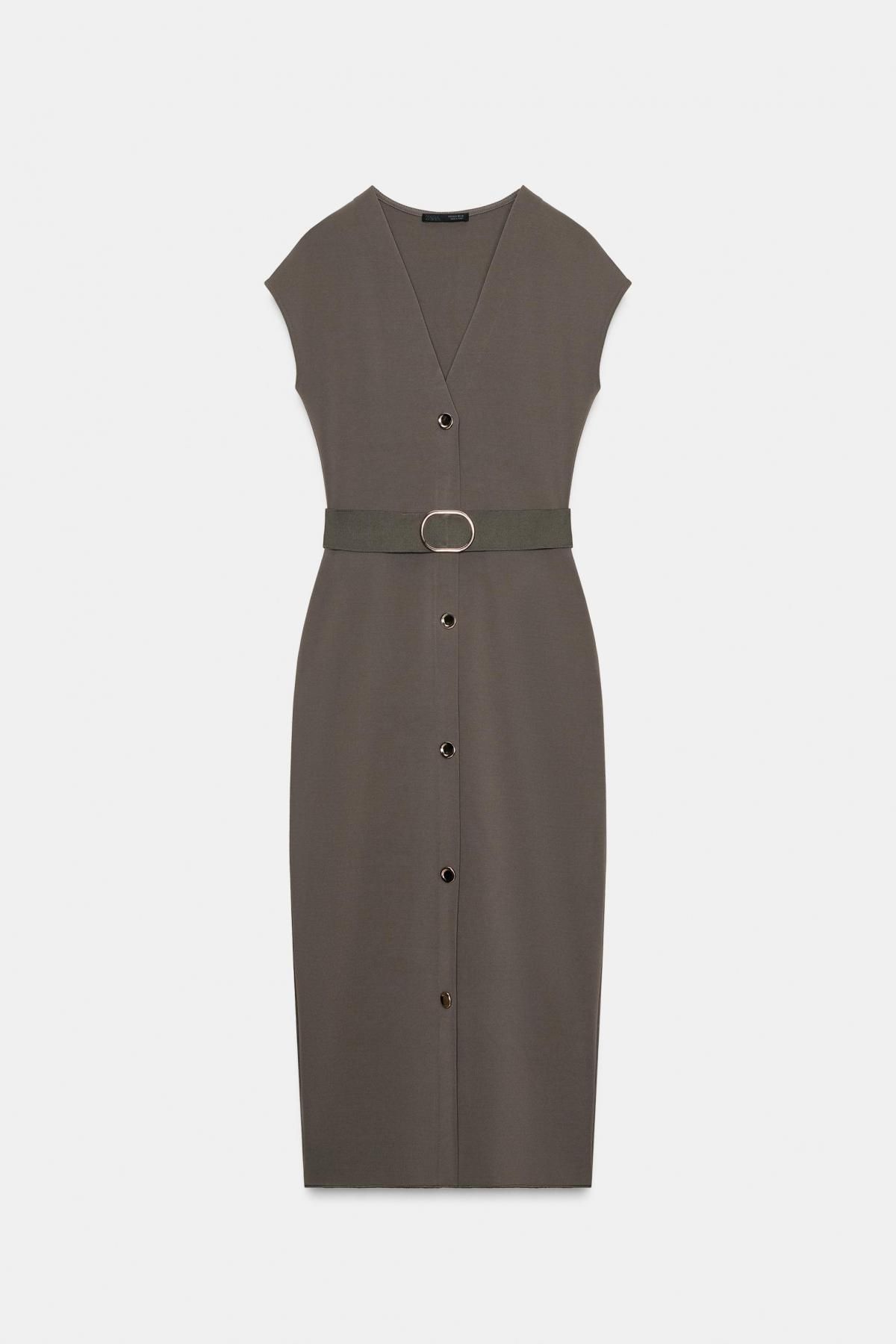 자라 스트레치 브이넥 벨트 미디 원피스 5584/204 MID KHAKI - 메인 이미지