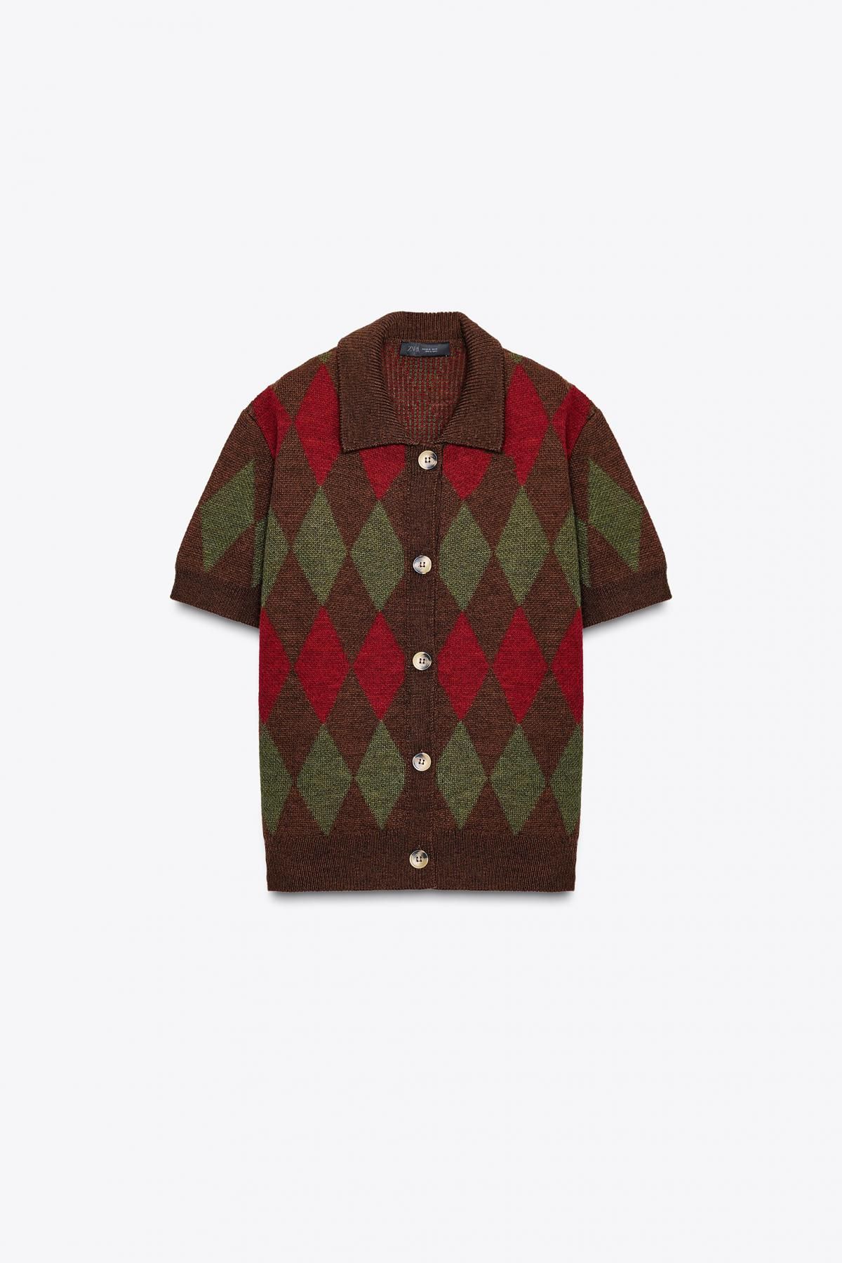 자라 아가일 패턴 브라운 반팔 니트 폴로 카디건 6427/122 MULTICOLOURED - 메인 이미지