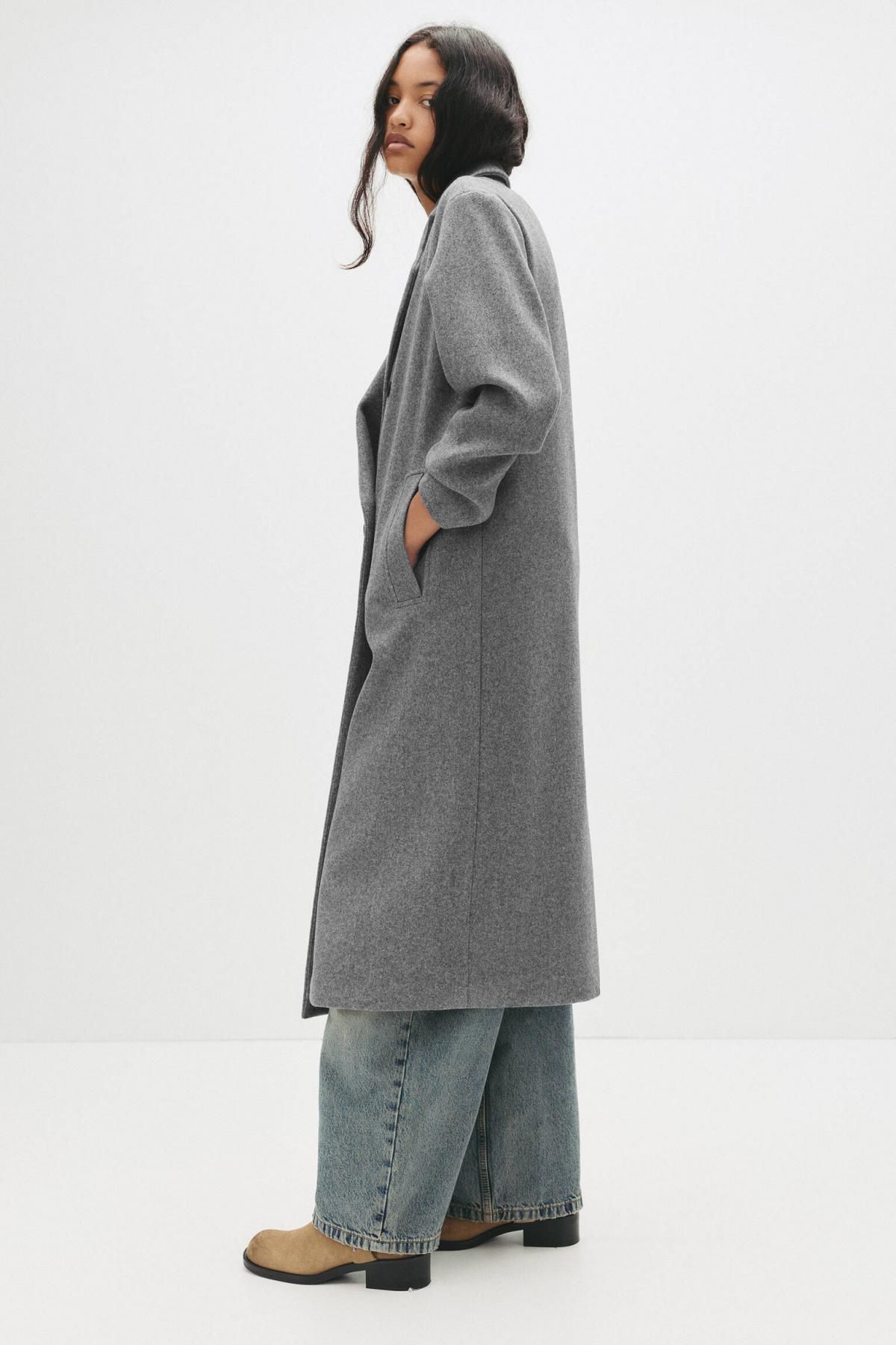 풀앤베어 울혼방 더블브레스트 라펠 클래식 롱코트 7800/308 GREY MARL - 상세 이미지 4