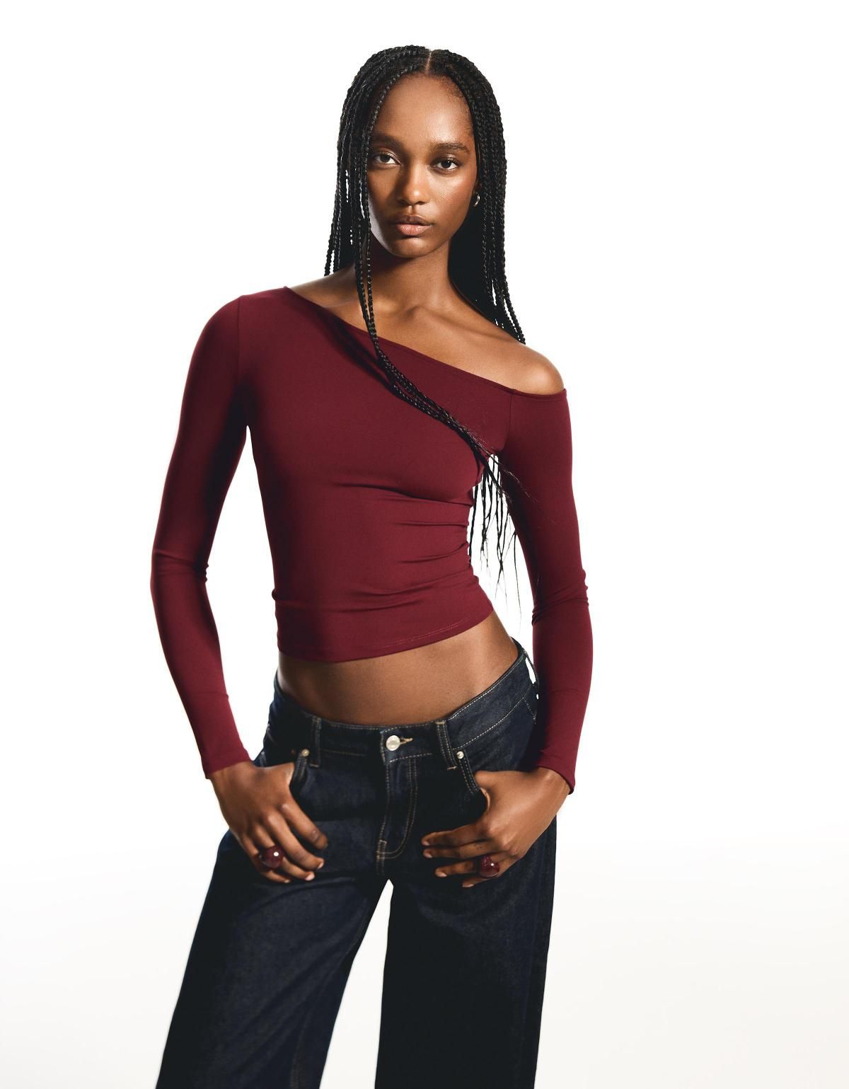 버쉬카 트렌디 버건디 언발란스넥 긴팔 티셔츠 7603/727 BURGUNDY - 상세 이미지 2