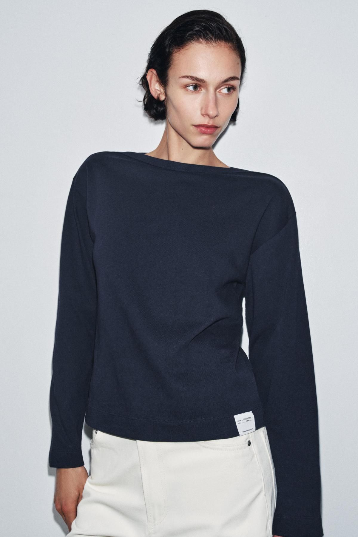 자라 베이직 네이비 보트넥 긴팔 티셔츠 4424/631 NAVY BLUE - 상세 이미지 3