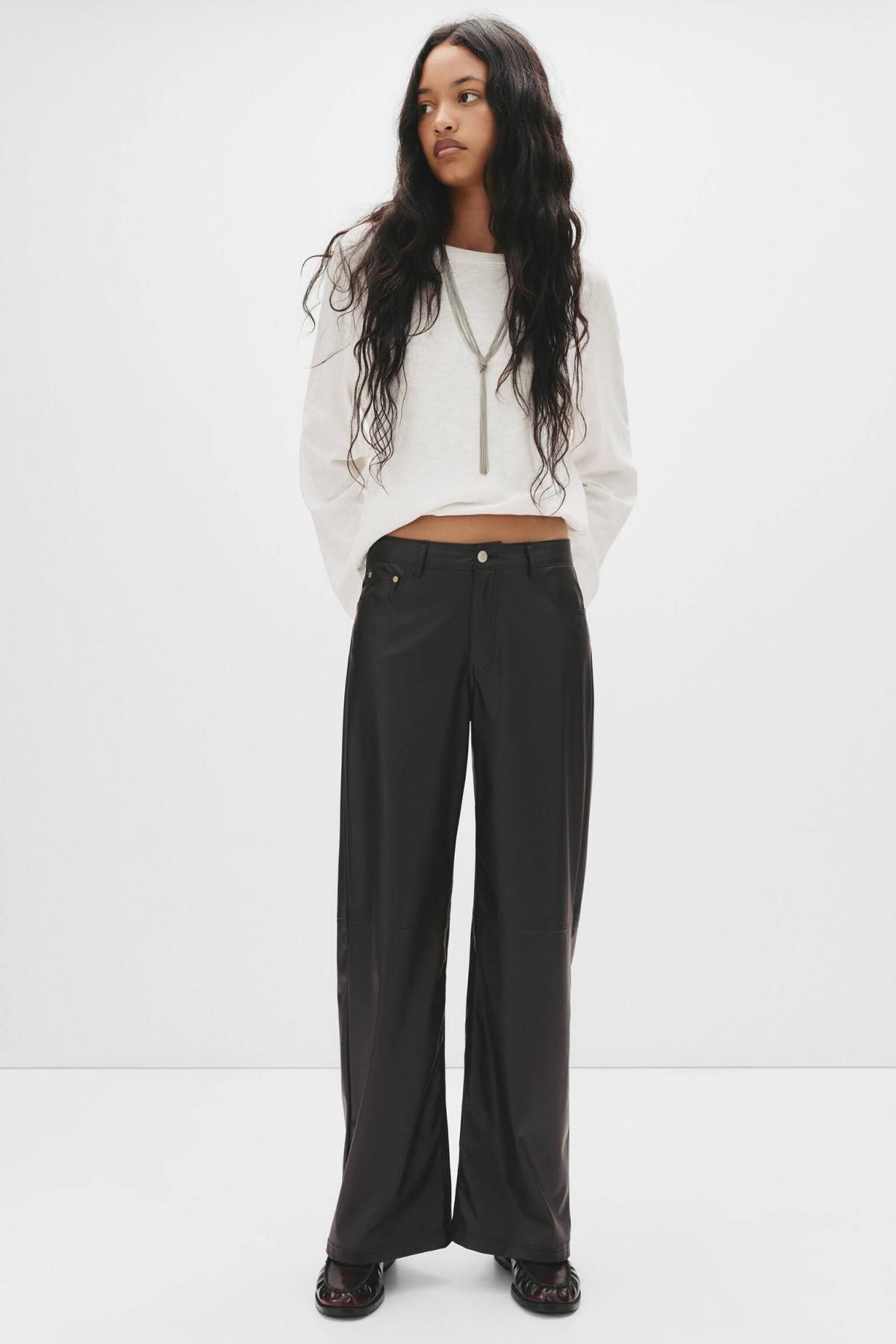 풀앤베어 오버사이즈 레더 와이드 팬츠 7675/379 BLACK - 상세 이미지 3