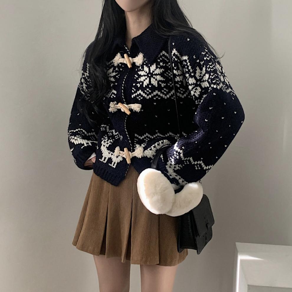 북유럽 스타일 따뜻한 떡볶이코트 단추 눈송이 니트 가디건 스웨터 재킷 숏, 네이비, FREE(One size) 이미지 7