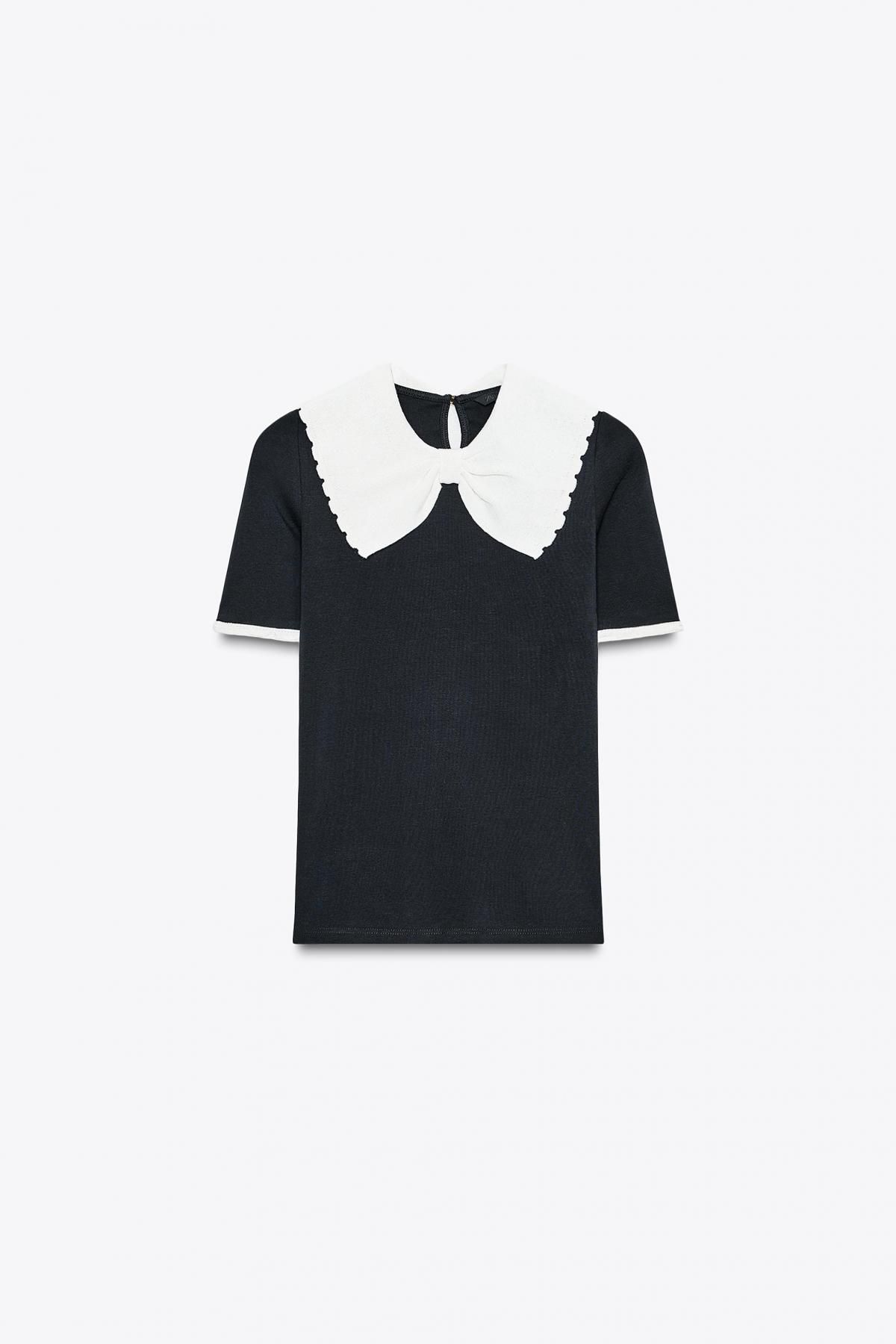 자라 청키 니트 배색 리본 장식 반팔 티셔츠 5644/911 BLACK - 상품 이미지