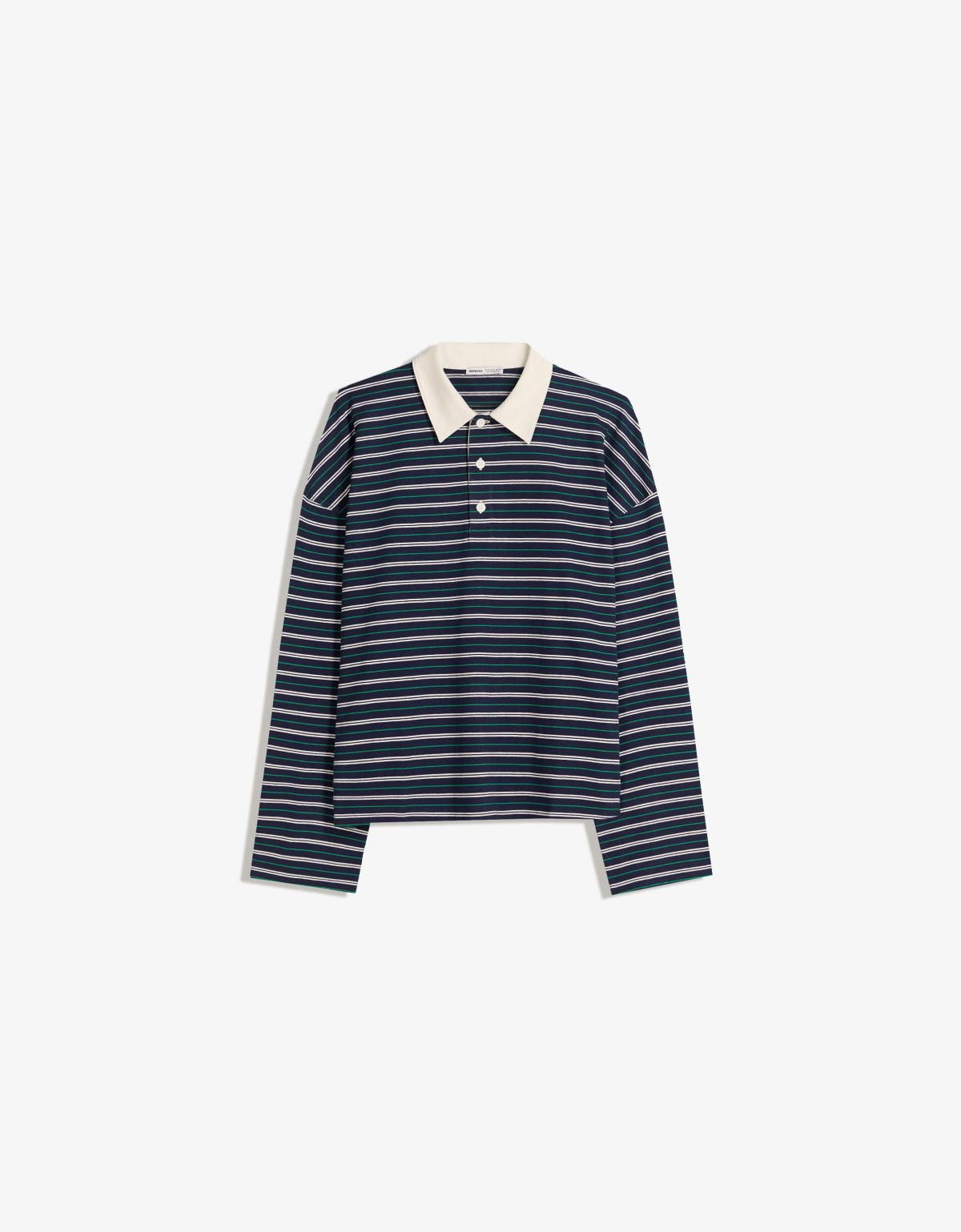 버쉬카 스트라이프 폴로 칼라 긴팔 티셔츠 7608/443 NAVY - 상품 이미지