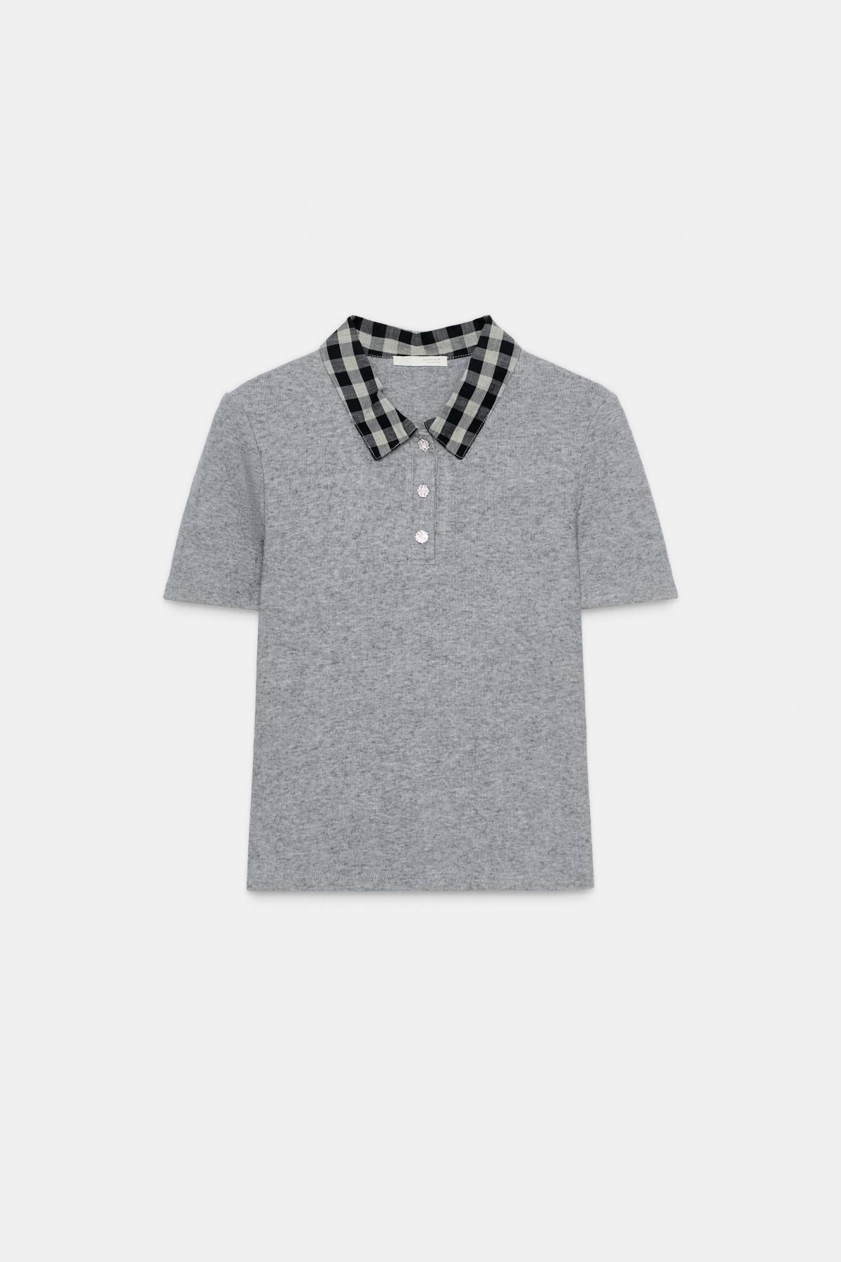 자라 체크 배색 카라 테크니컬 반팔 폴로 탑 5063/845 GREY - 상품 이미지