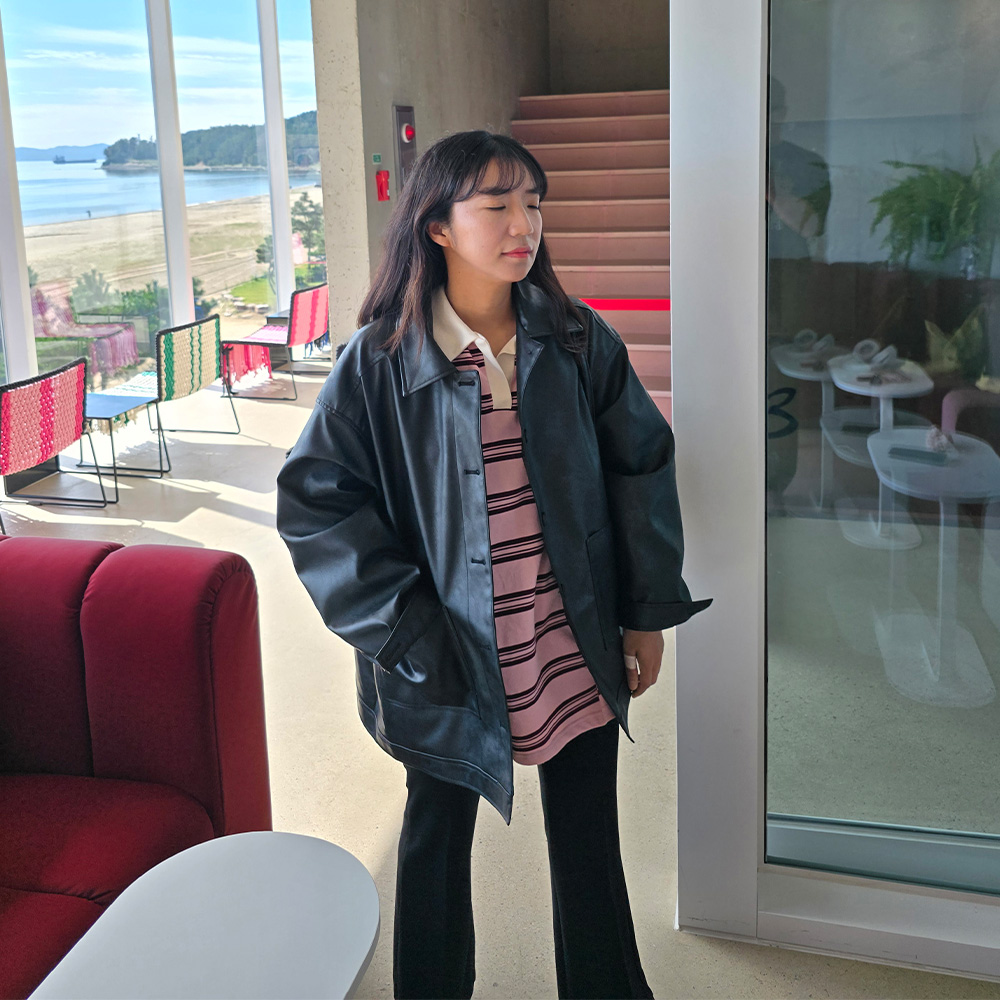 카라 오버핏 레더 자켓 여자 페이크 가죽자켓 이미지 8