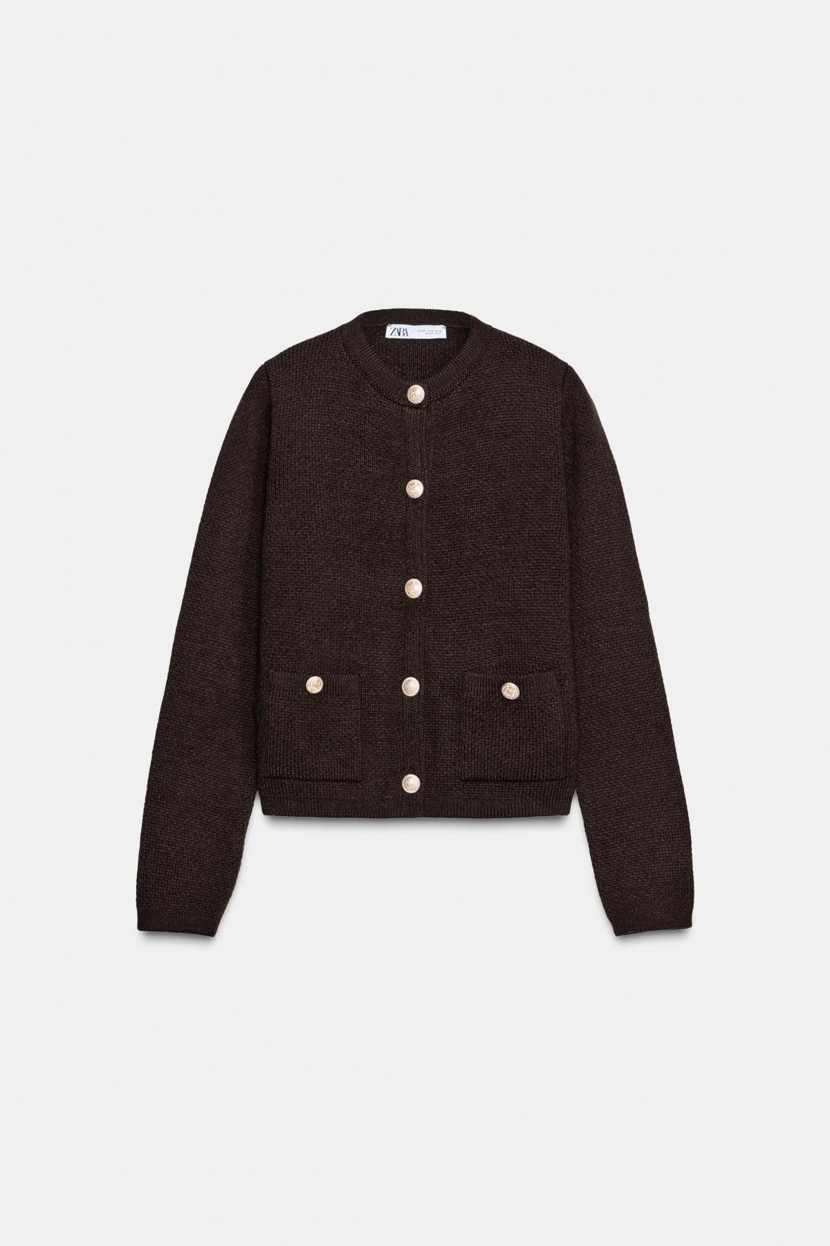 자라 골드버튼 라운드넥 니트 가디건 6427/144 BROWN - 메인 이미지