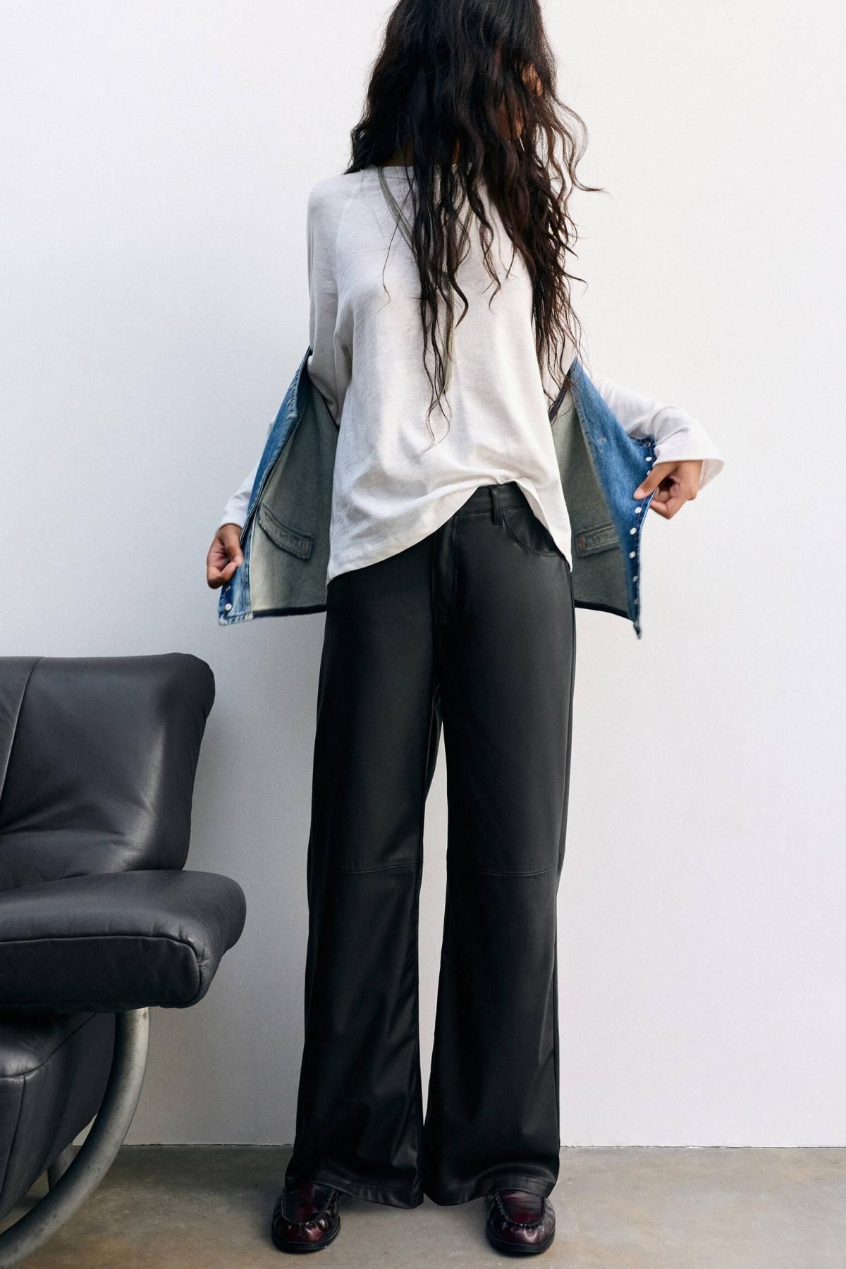 풀앤베어 오버사이즈 레더 와이드 팬츠 7675/379 BLACK - 상세 이미지 2