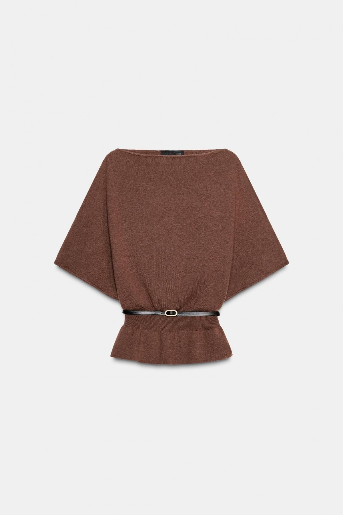 자라 보트넥 니트 케이프 벨티드 탑 5536/189 BROWN - 상품 이미지