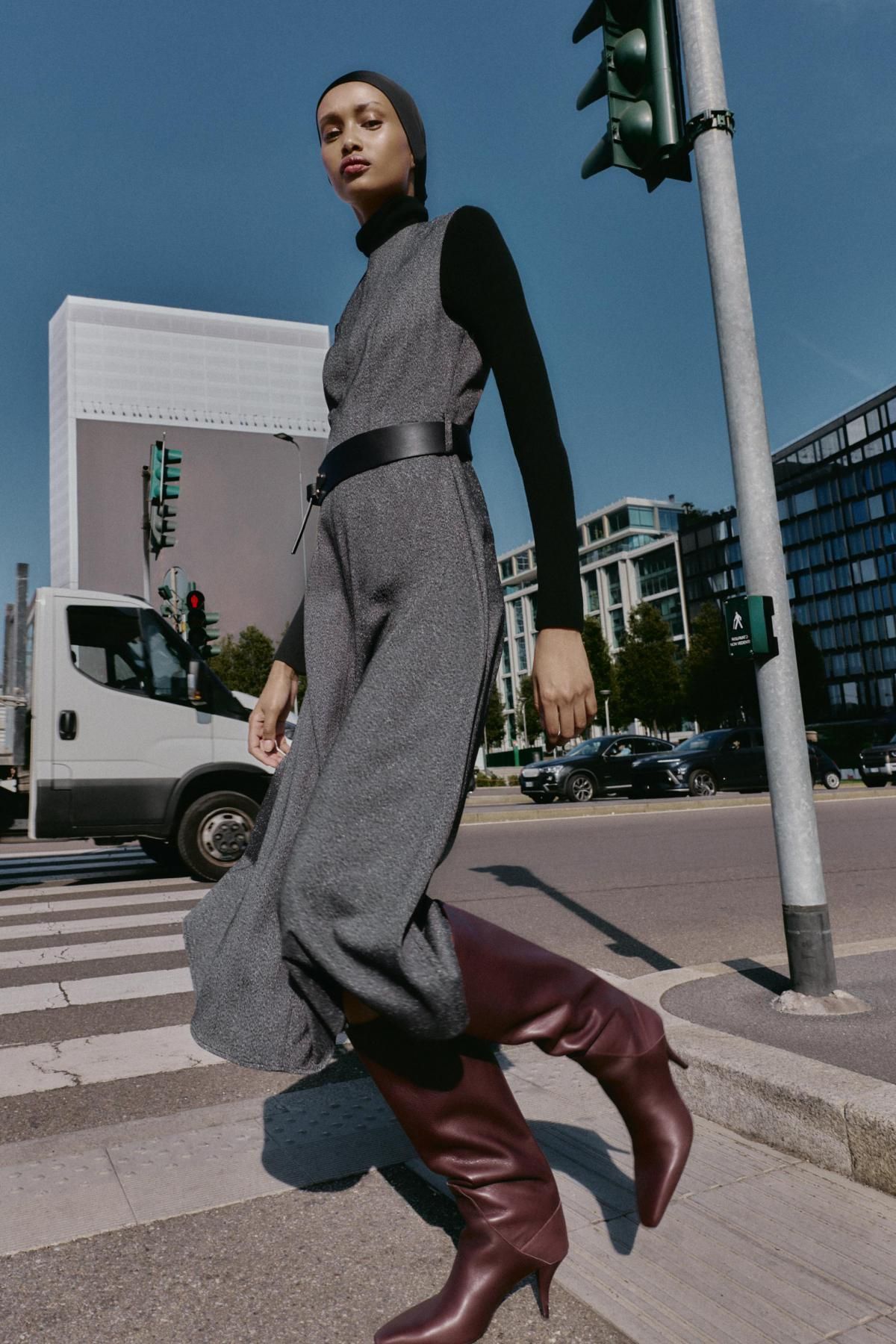 자라 테크니컬 멜란지 벨트 미디 원피스 4387/239 GREY MARL - 상세 이미지 3