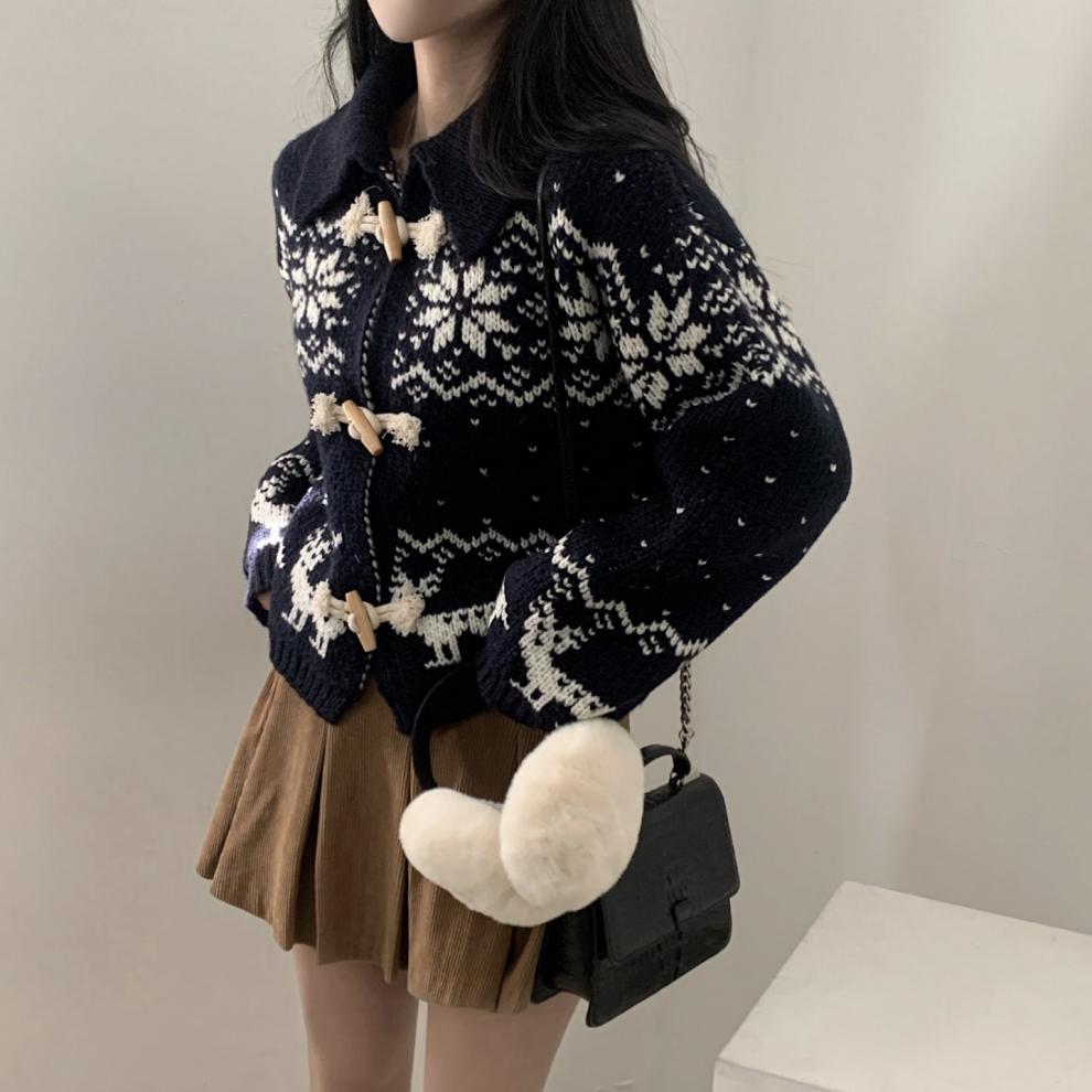 북유럽 스타일 따뜻한 떡볶이코트 단추 눈송이 니트 가디건 스웨터 재킷 숏, 네이비, FREE(One size) 이미지 8
