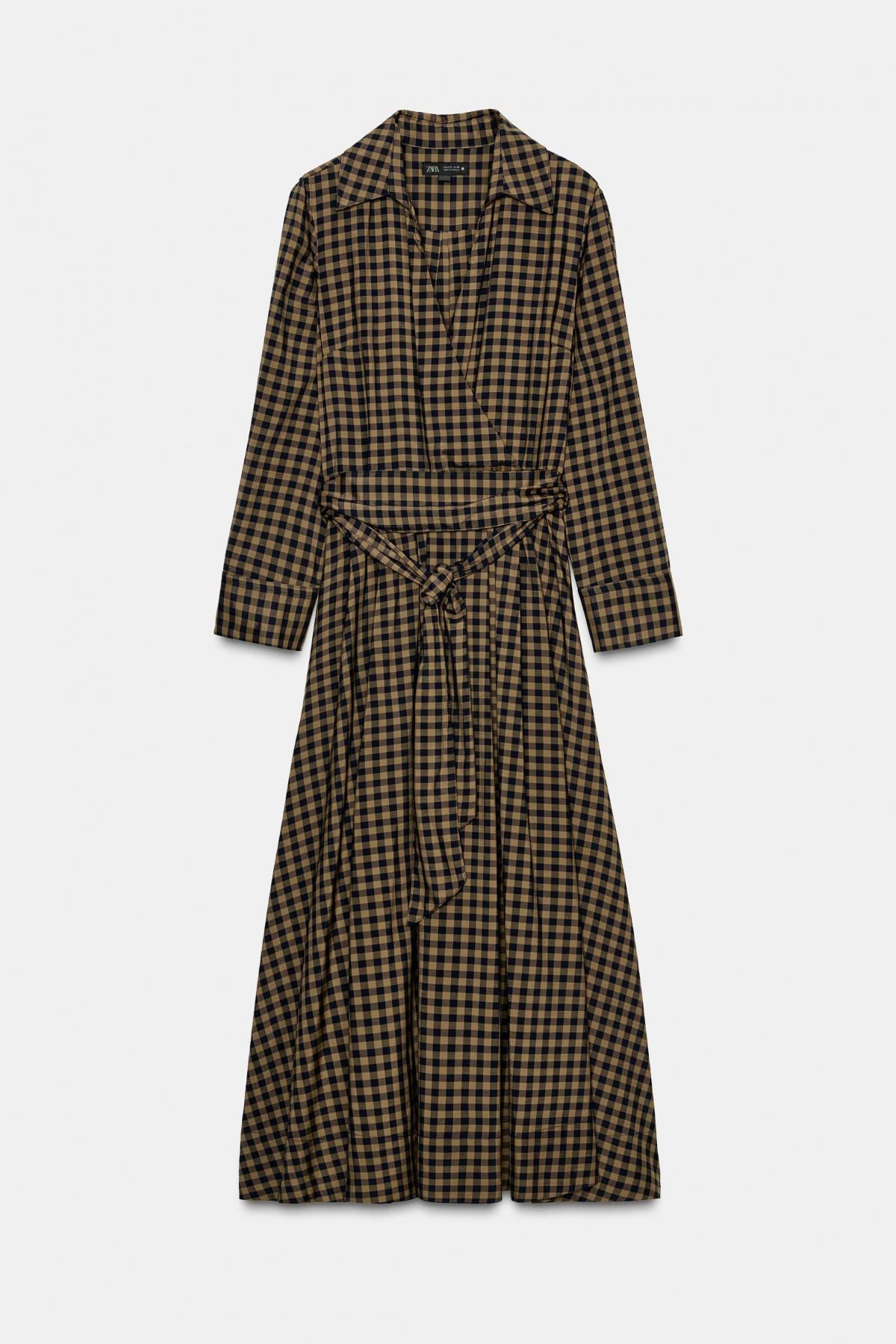 자라 체크 패턴 타이 벨트 미디 셔츠 원피스 8789/078 CARAMEL - 메인 이미지