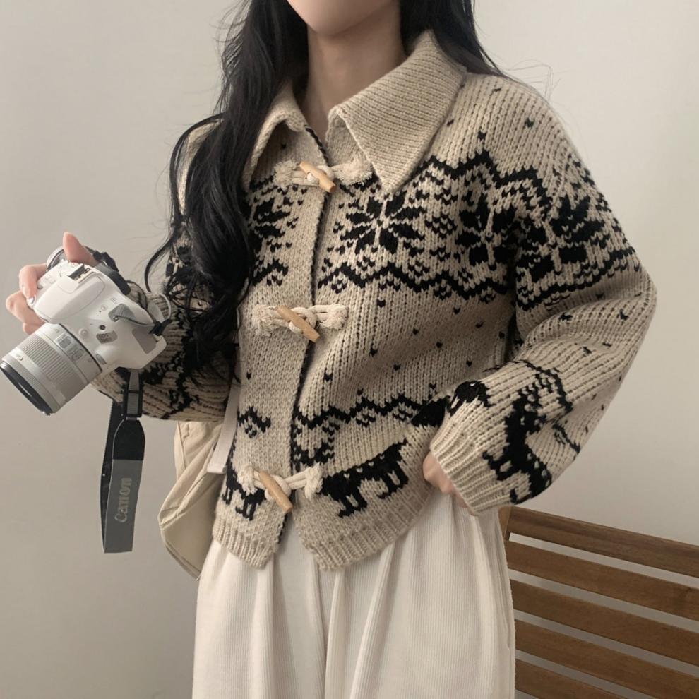 북유럽 스타일 따뜻한 떡볶이코트 단추 눈송이 니트 가디건 스웨터 재킷 숏, 베이지, FREE(One size) 이미지 7