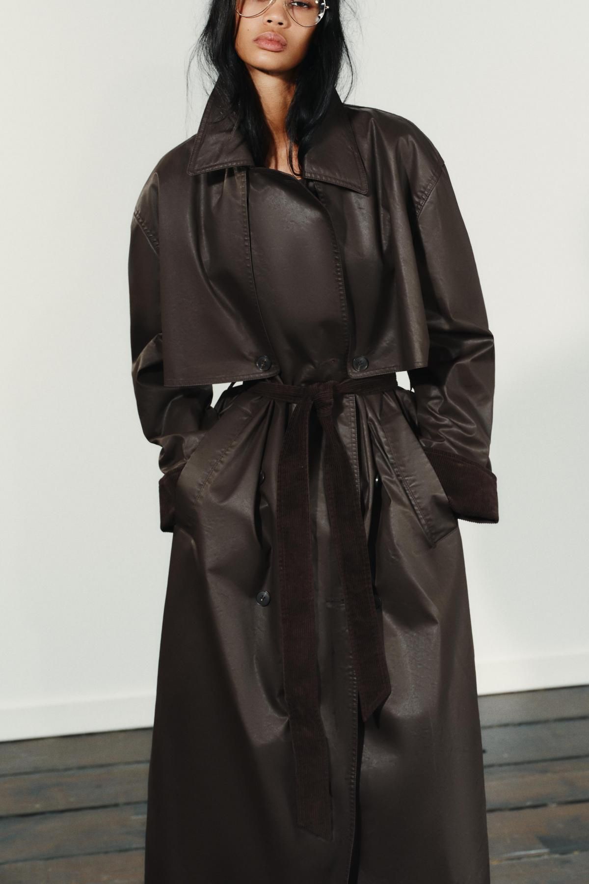 자라 테크니컬 왁스드 코듀로이 커프스 롱 트렌치코트 5854/728 DARK BROWN 이미지 8
