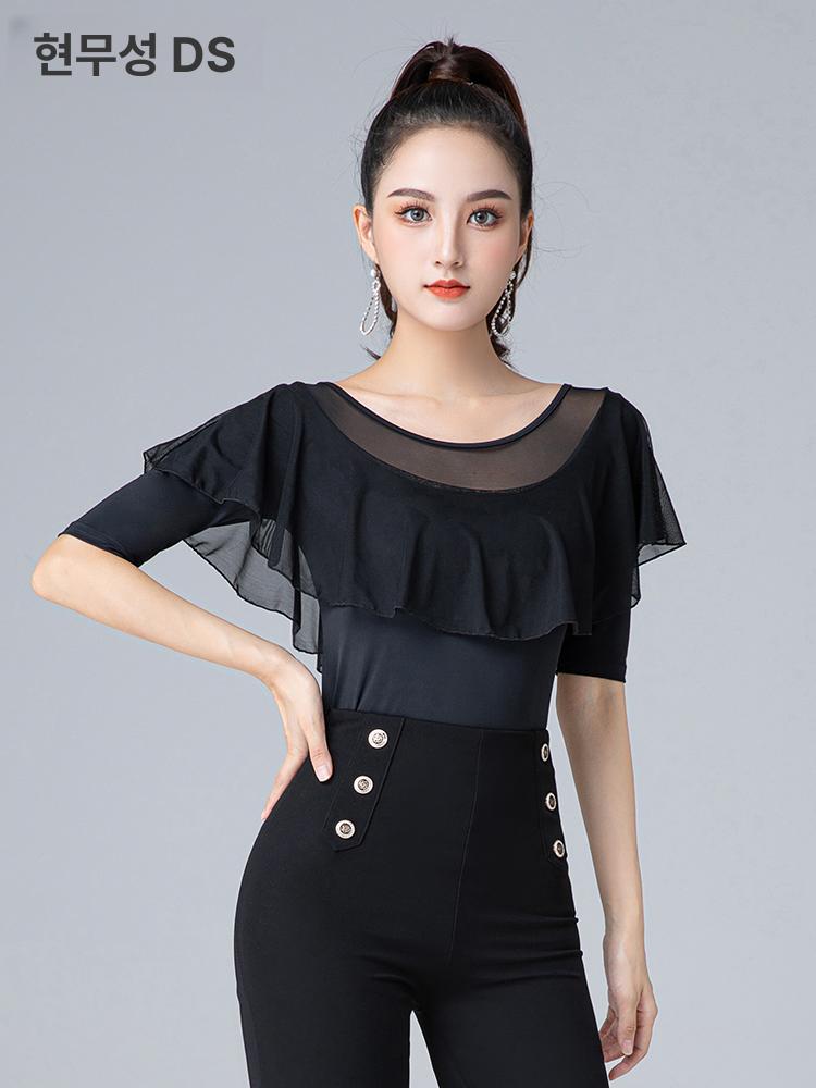 라인 프릴 여성 댄스상의 줌바 라틴댄스복 스포츠 블랙 롱슬리브 L - 상세 이미지 2