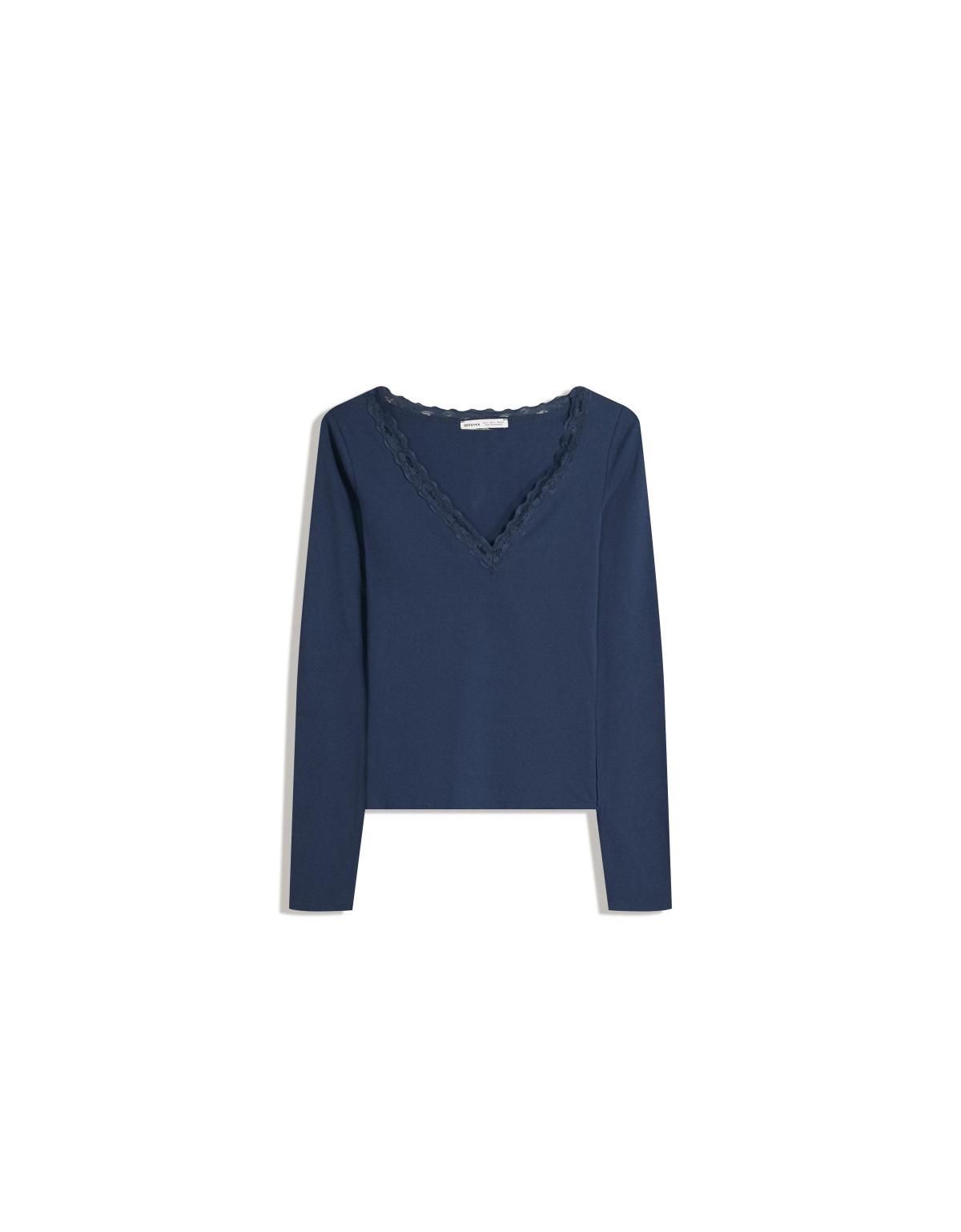 버쉬카 레이스 디테일 네이비 긴팔 티셔츠 7803/443 NAVY - 상품 이미지