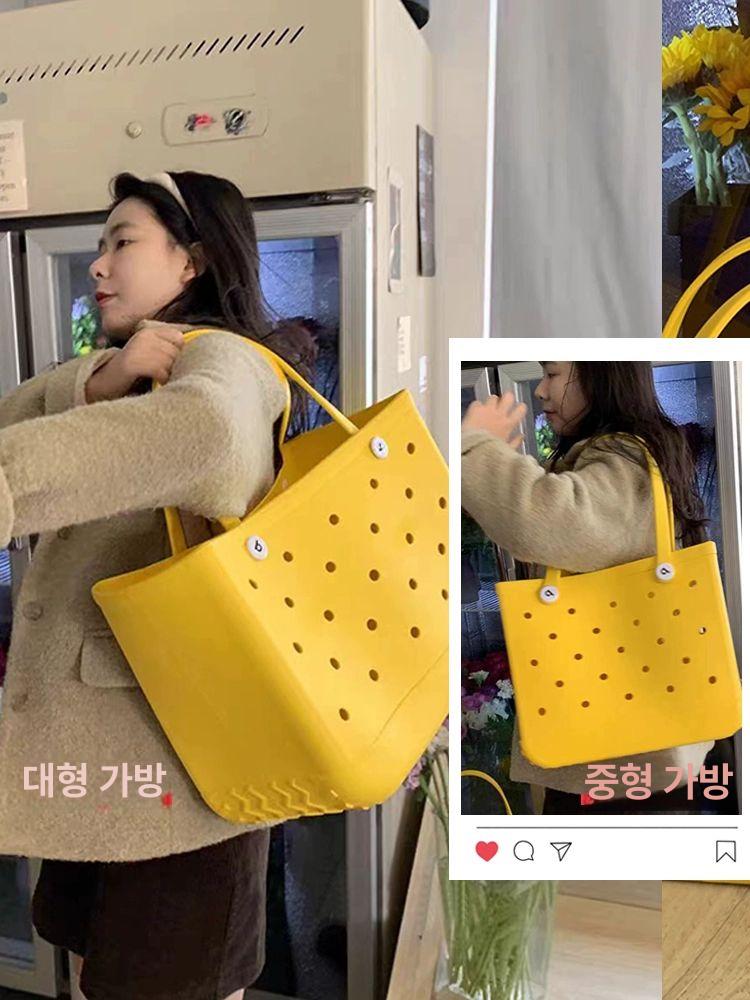 젤리백 수영 가방 휴가 피크닉 미니토트백 장바구니 검은색 옐로우 미디엄 - 상세 이미지 3