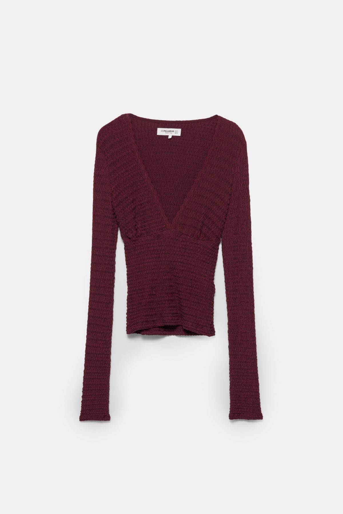 풀앤베어 크롭 브이넥 크레이프 긴팔 니트 탑 7151/360 BURGUNDY - 상품 이미지