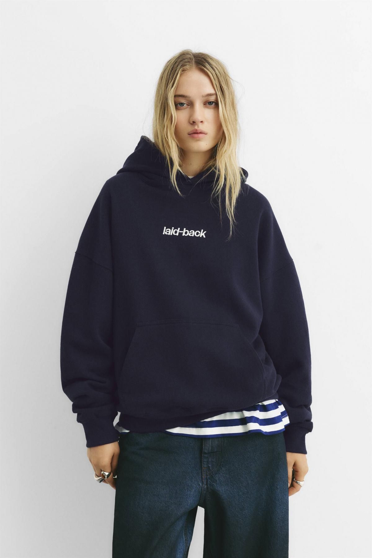 풀앤베어 캐주얼 블루 코튼블렌드 슬로건 후드티 7560/326 NAVY - 상세 이미지 3