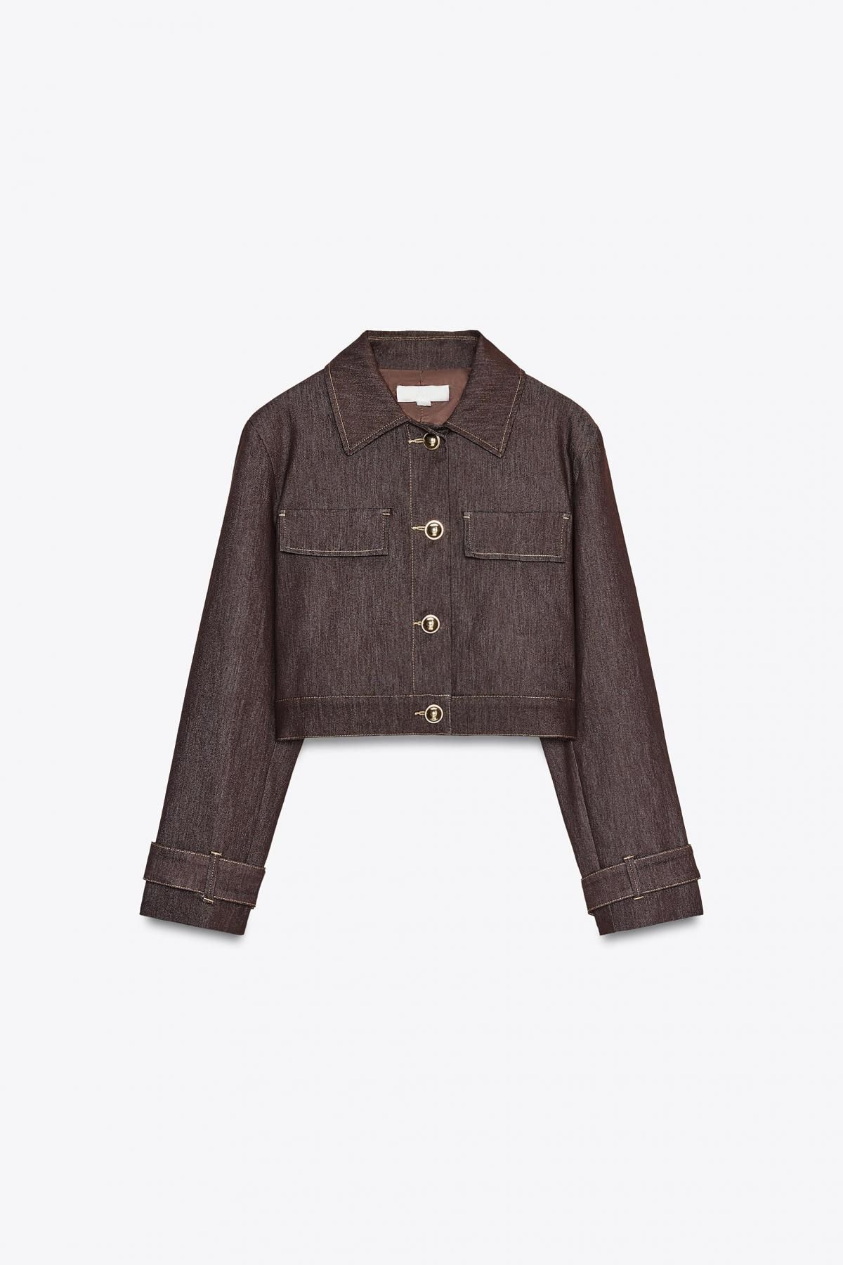 자라 크롭 데님 배색 스티치 테크니컬 재킷 1478/390 BROWN - 메인 이미지
