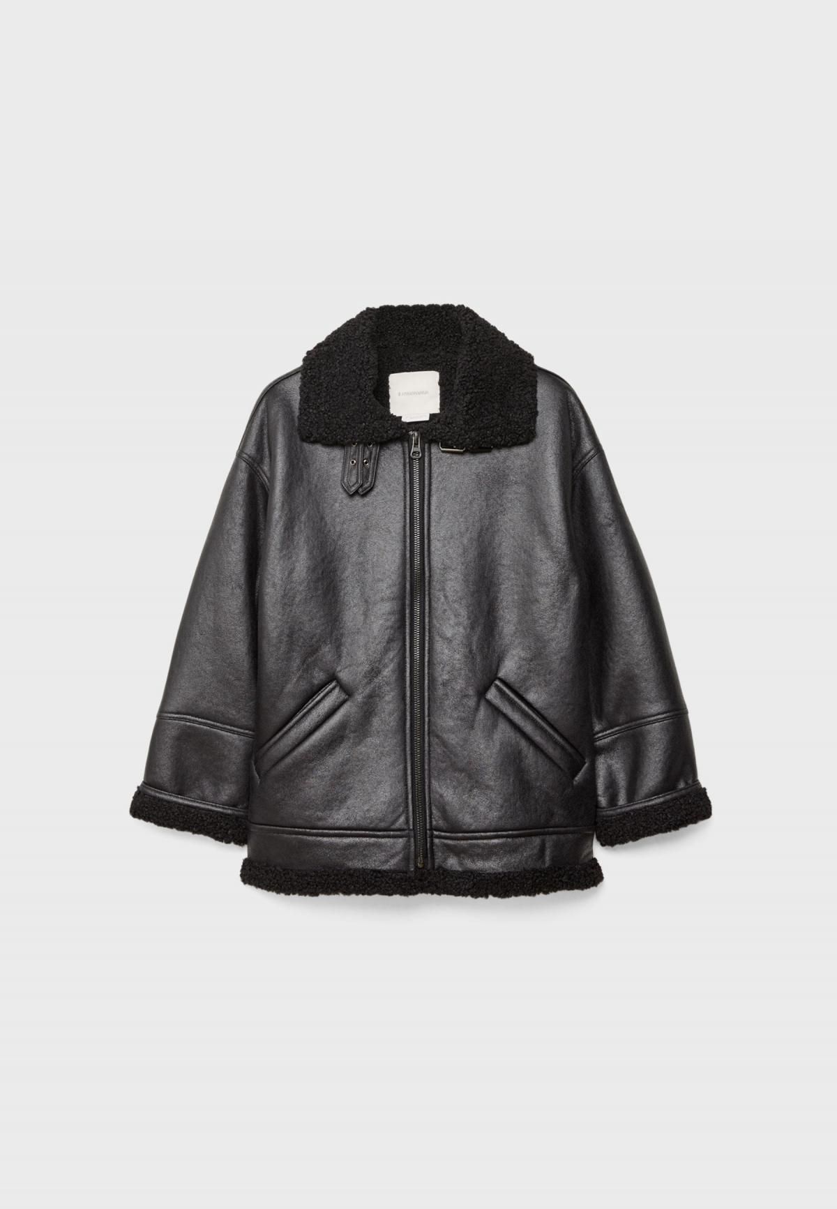 스트라디바리우스 무스탕 오버핏 페이크레더 버클 집업 자켓 8611/638 BLACK - 상품 이미지