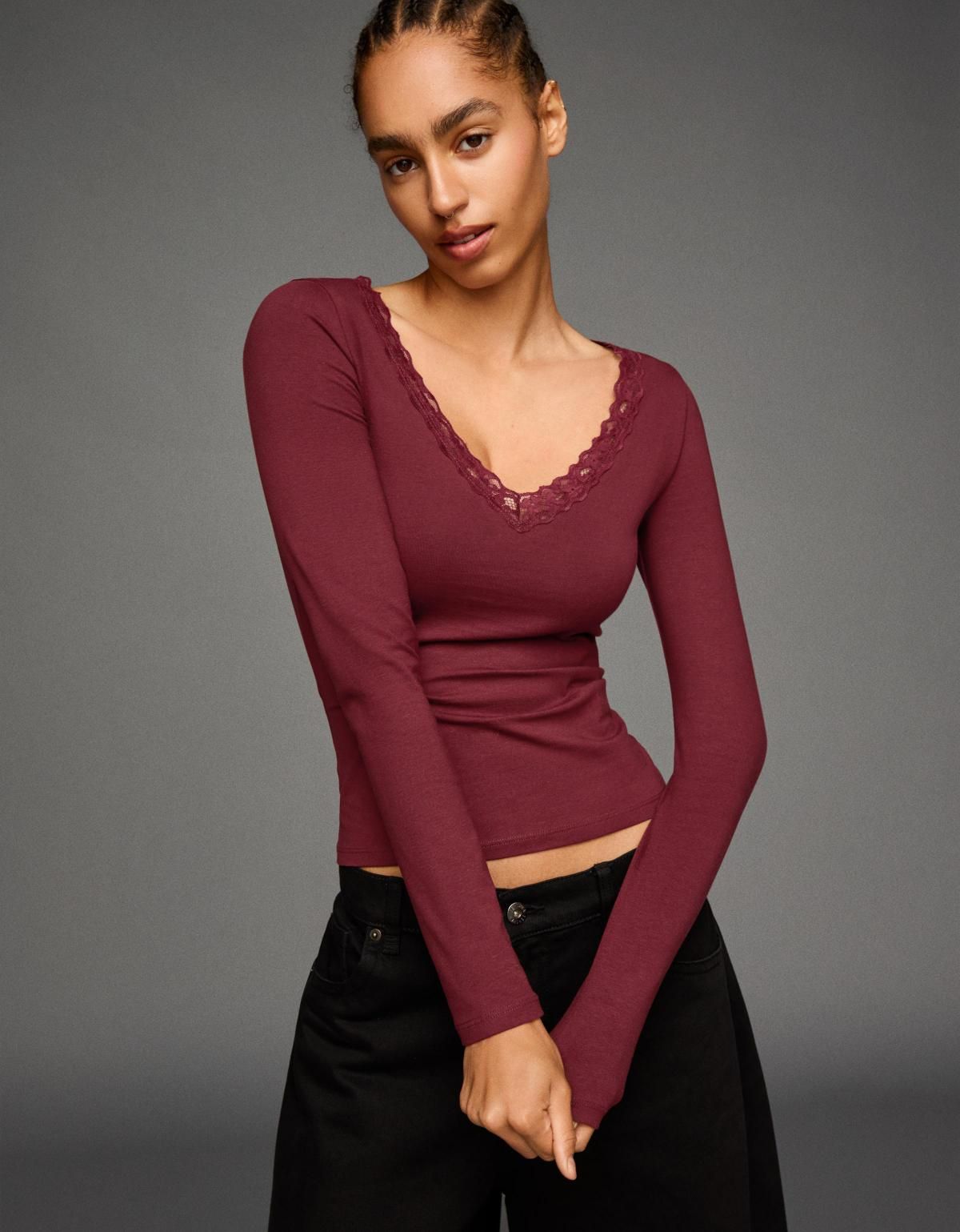 버쉬카 레이스 브이넥 긴팔 티셔츠 7803/443 BURGUNDY - 상세 이미지 2