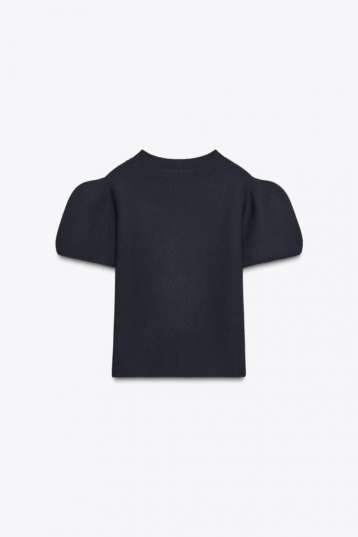 자라 페미닌 퍼프소매 하이넥 니트 탑 0014/112 NAVY BLUE - 상품 이미지